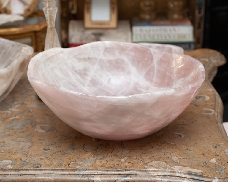 Contemporary Grand Scale Carved Rose Quartz Crystal Bowl For Sale at
