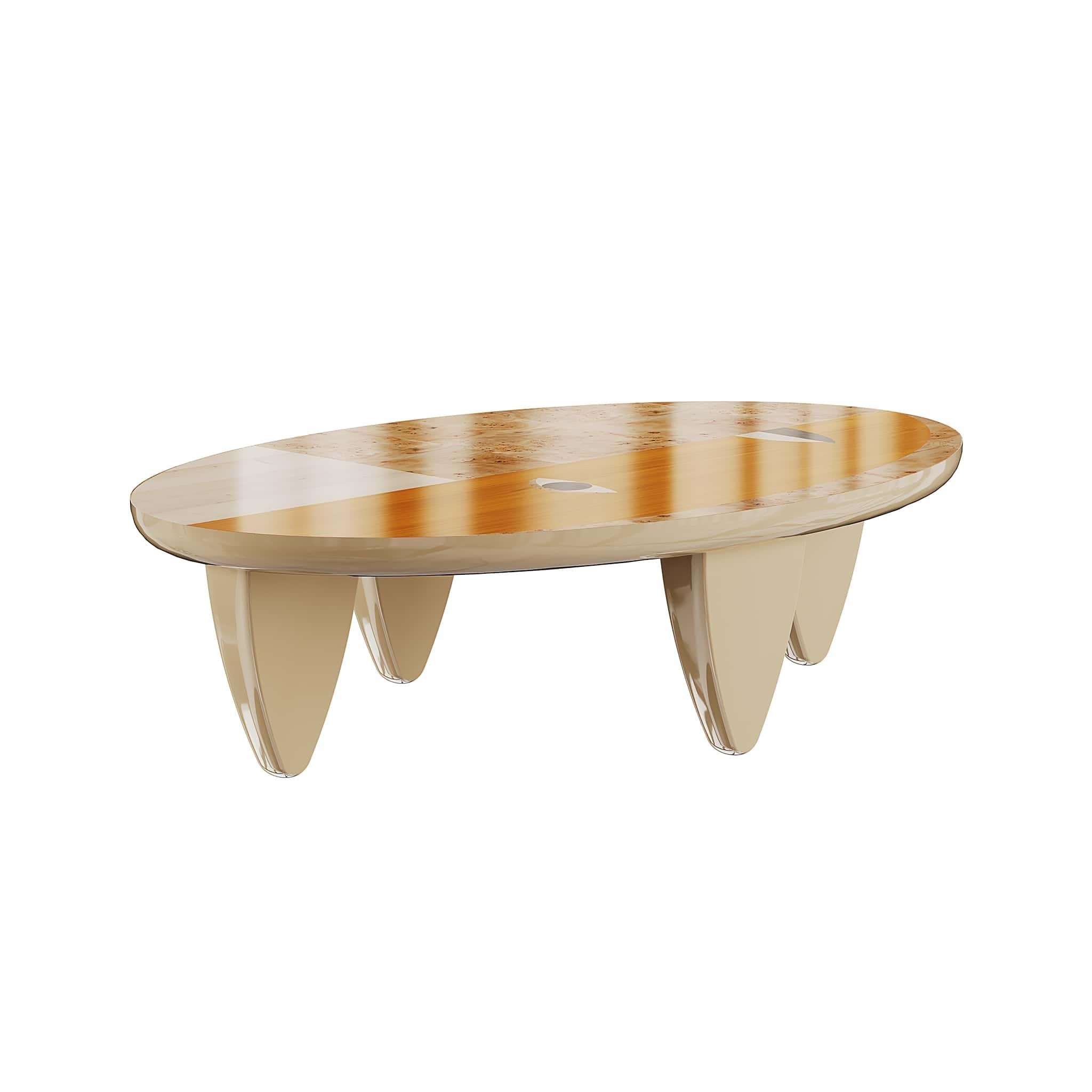 Mid-Century Modern Table basse centrale ovale contemporaine Face graphique abstraite Marqueterie de bois Beige en vente
