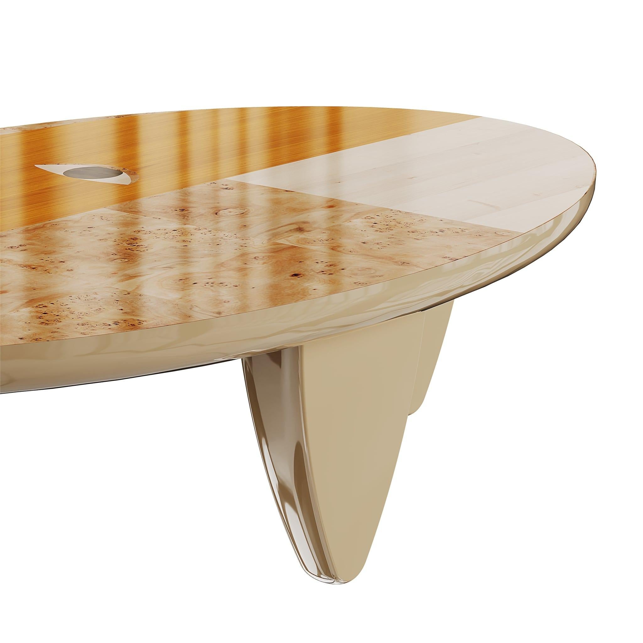 Portugais Table basse centrale ovale contemporaine Face graphique abstraite Marqueterie de bois Beige en vente