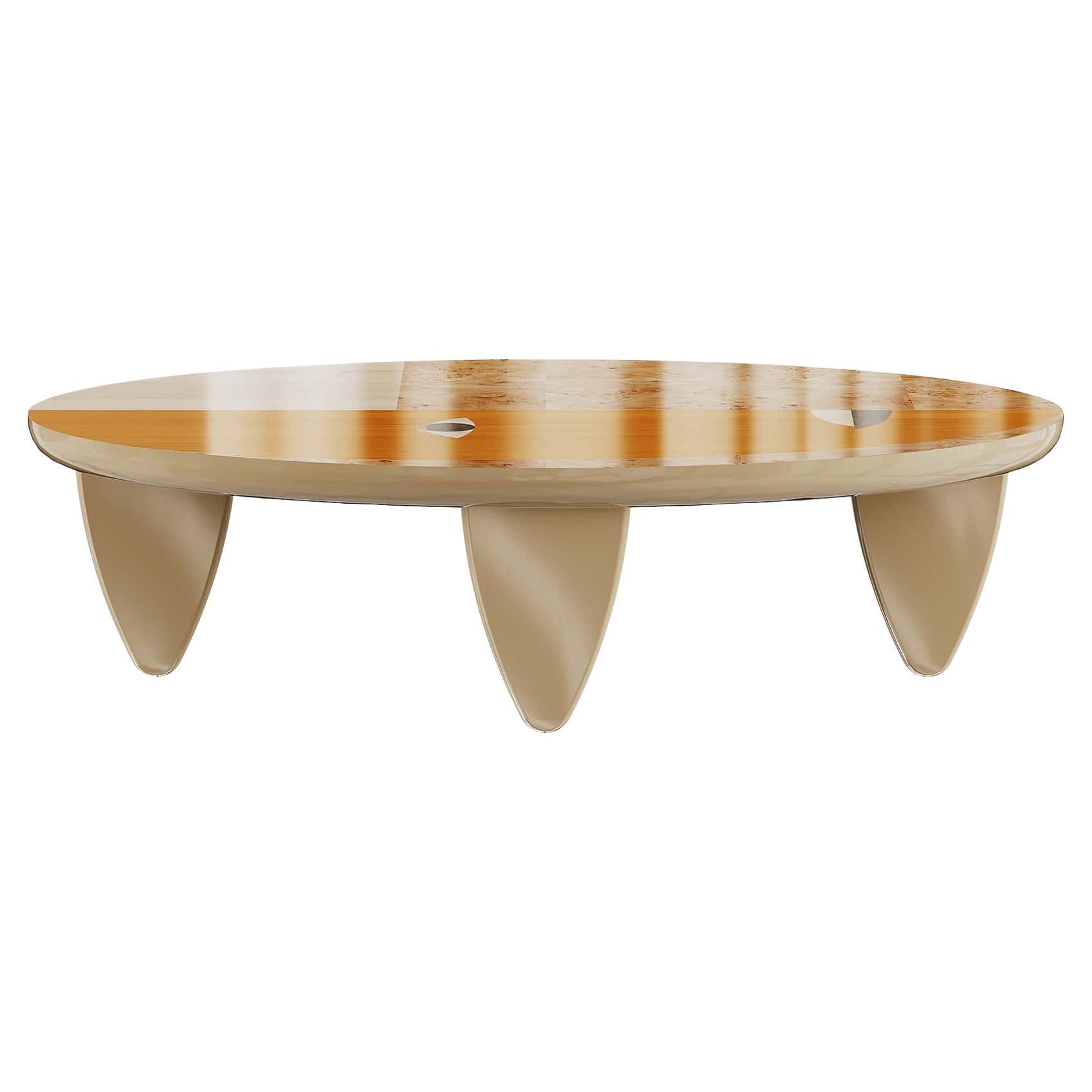 Contemporary Oval Center Coffee Table Abstract Graphic Face Wood Marquetry Beige
