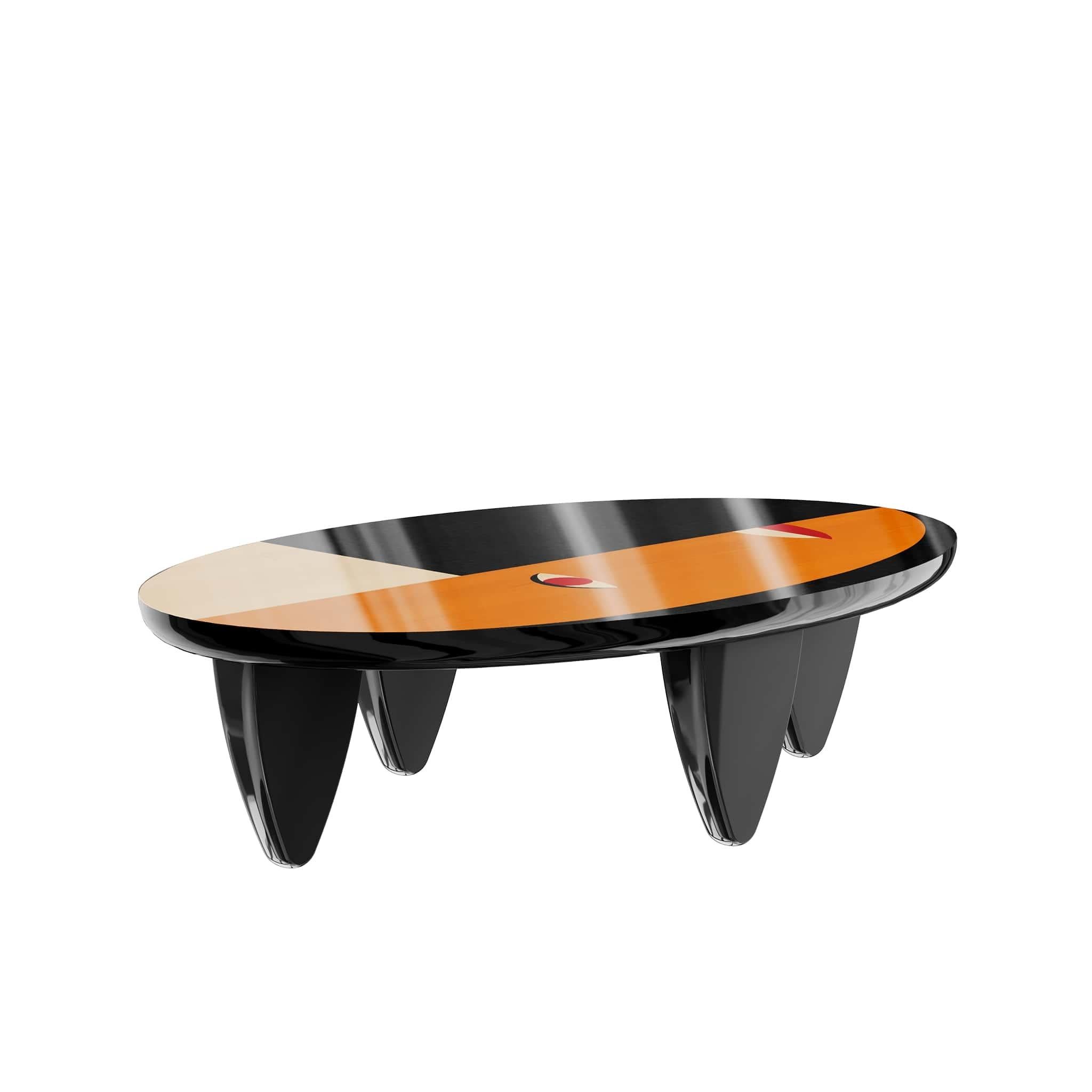 Mid-Century Modern Table basse centrale ovale Contemporary Cubist Graphic Face Wood Marquetry Black en vente