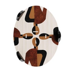 Mid-Century Modern Oval Center Coffee Table Graphic Figures Wood Marquetry