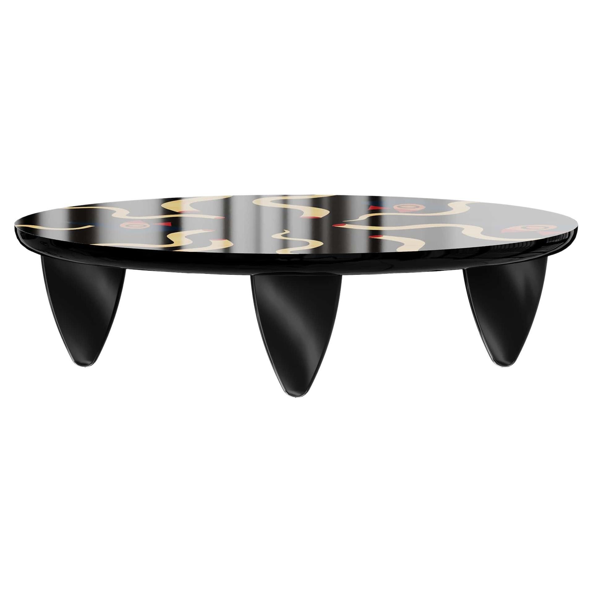 Contemporary Round Center Coffee Table in Wood Marquetry Black and