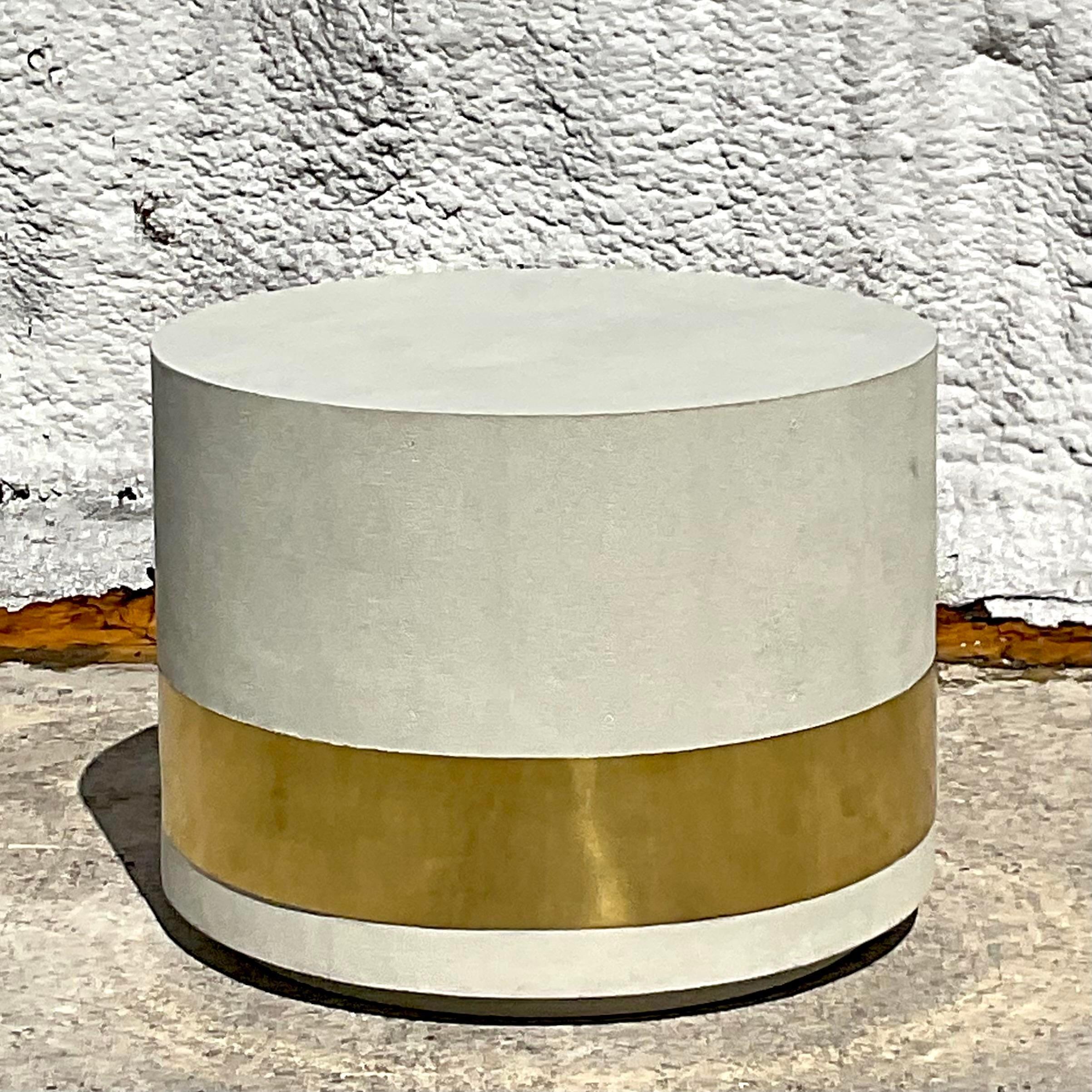 Contemporary Grass Cloth Brass Band Drum Side Table In Good Condition For Sale In west palm beach, FL