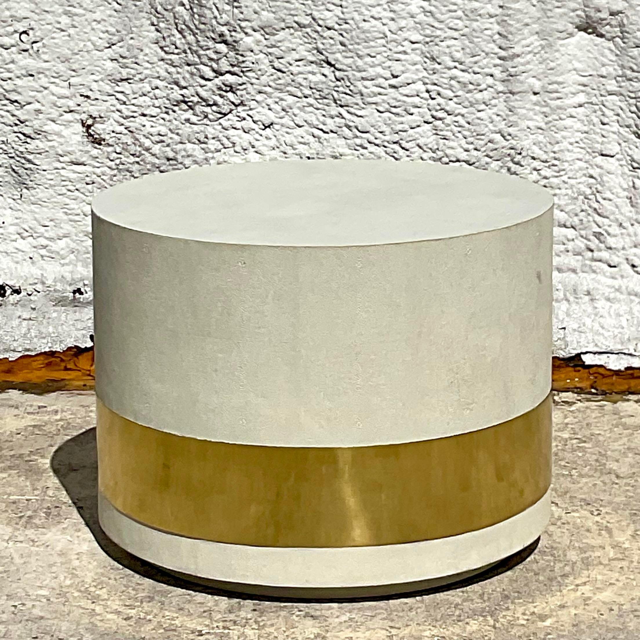 20th Century Contemporary Grass Cloth Brass Band Drum Side Table For Sale