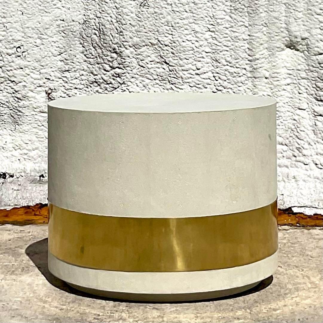 Contemporary Grass Cloth Brass Band Drum Side Table For Sale 2