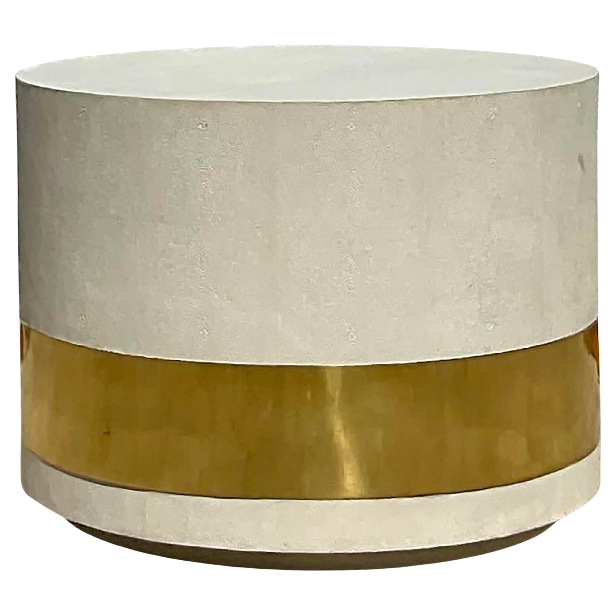 Contemporary Grass Cloth Brass Band Drum Side Table For Sale