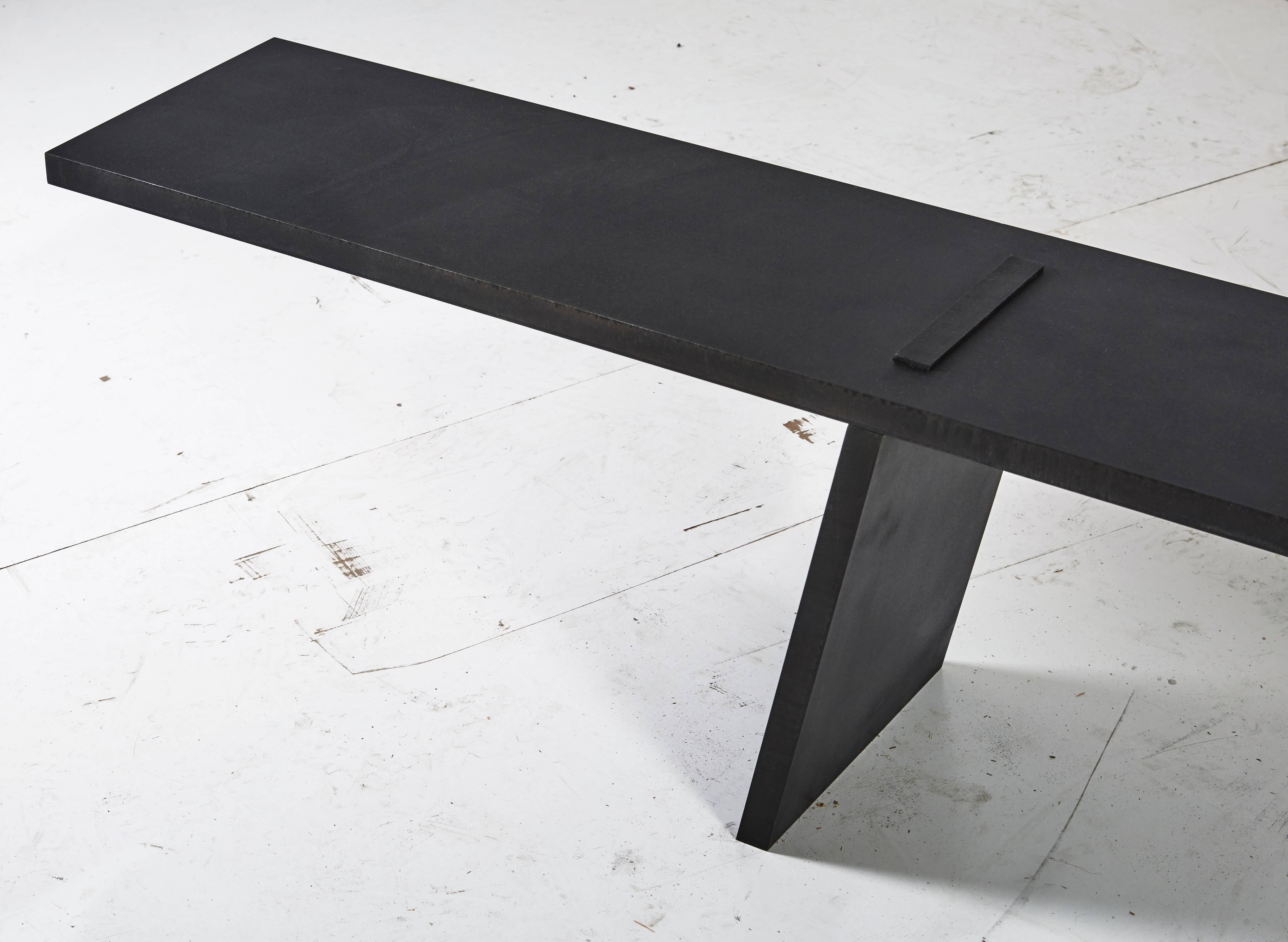 Eric Slayton
Gravity Bench, 2018
Blackened and waxed steel plate
14.5 x 90.5 x 11 in
Edition of 7

Eric draws from his passion for nature in creating his Minimalist, organic, sculptural works. For the past 7 years, he has been designing and