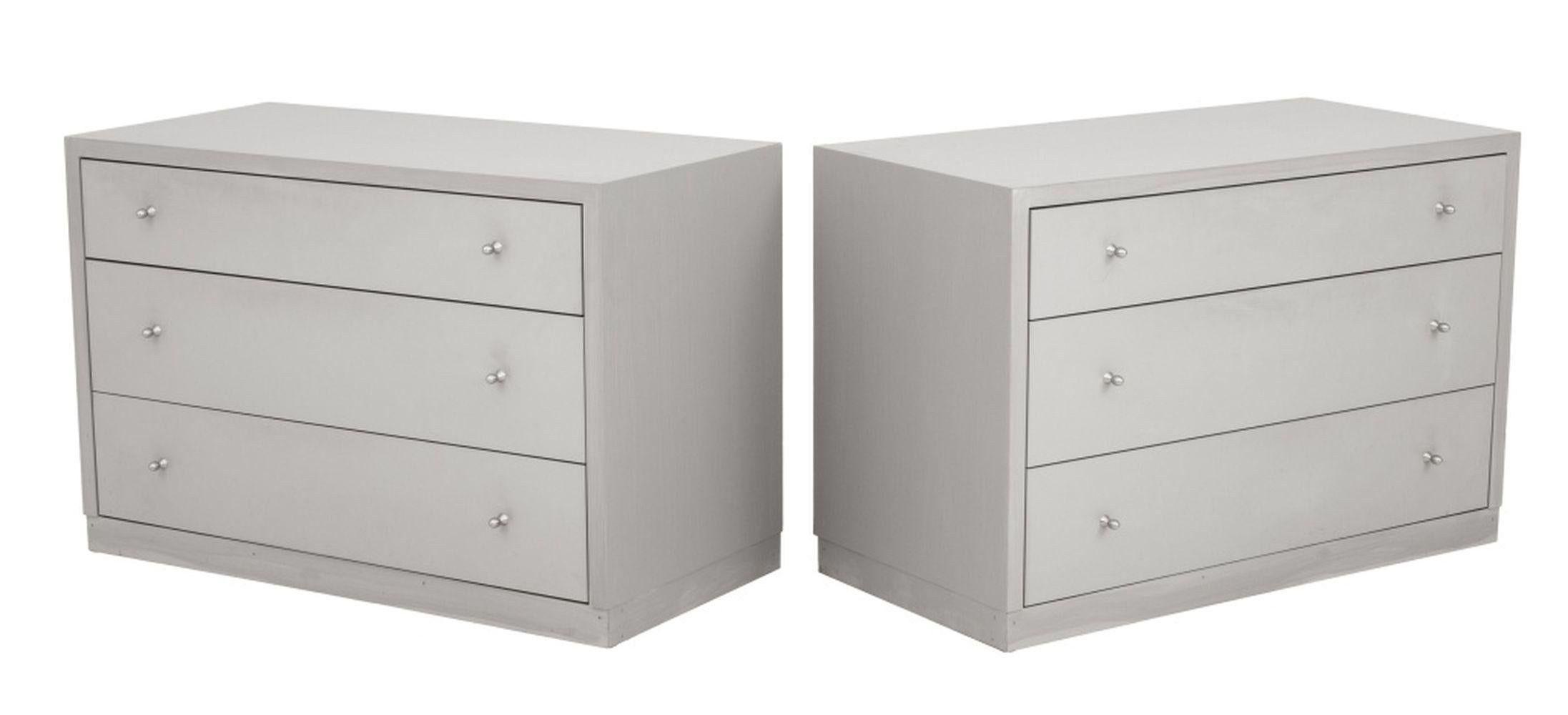 Pair of Contemporary Gray Three-Drawer Nightstands, with silver-tone pulls. 24