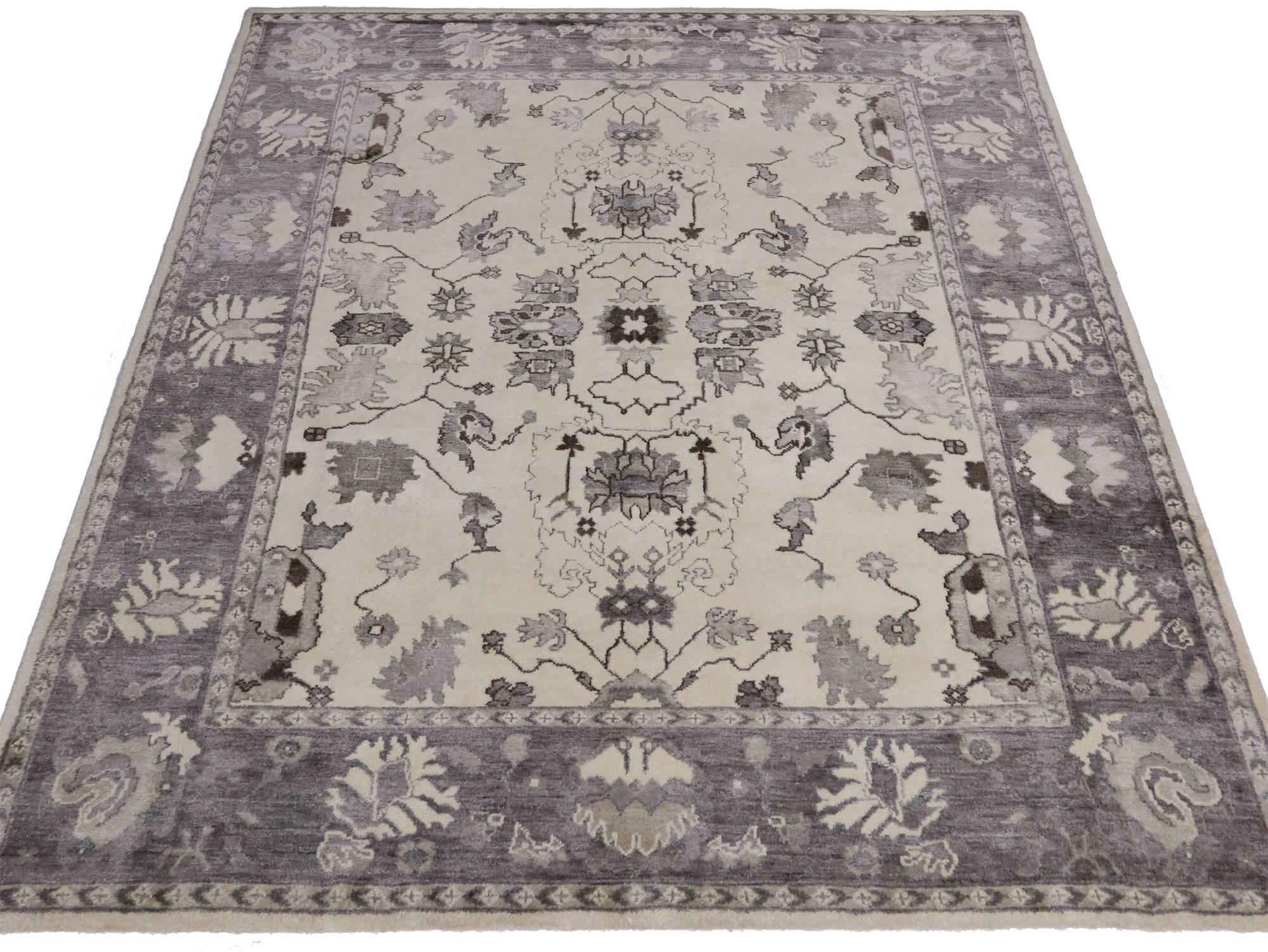 30008, Contemporary Gray and Creamy Oushak Style Rug with Modern Bauhaus Style. This contemporary Oushak style rug keeps the eyes entertained, yet it is modest and well-balanced. This Oushak style rug has such refined aesthetic with the light field