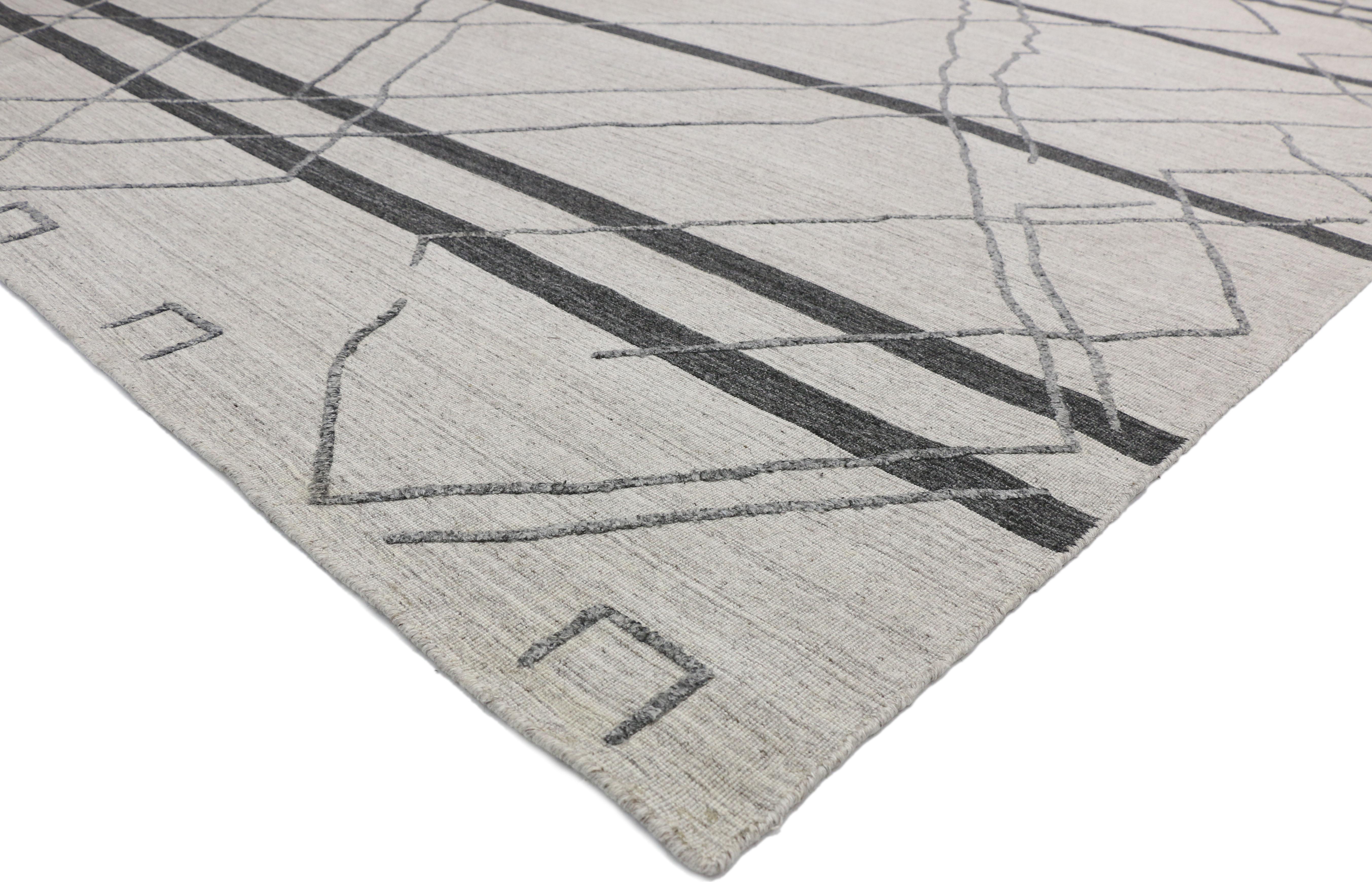 30417, New Gray Modern Textured Rug with Raised Moroccan Trellis Design. Warm Hygge vibes meet tribal designs in this contemporary Moroccan style gray rug. A dynamic fusion of contemporary trends and nomadic tribal traditions, this Moroccan print