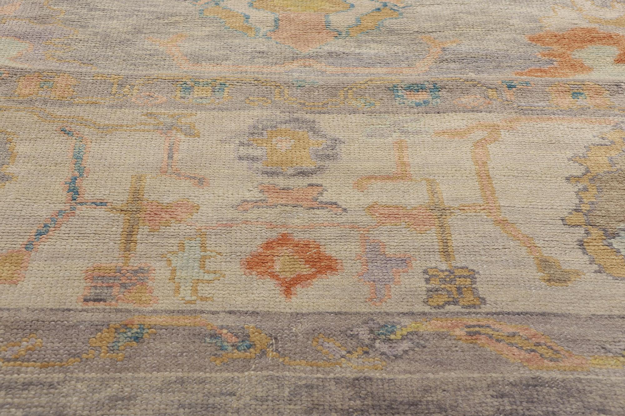 Neuer farbenfroher zeitgenössischer türkischer Oushak-Teppich im Transitional-Stil (Handgeknüpft) im Angebot