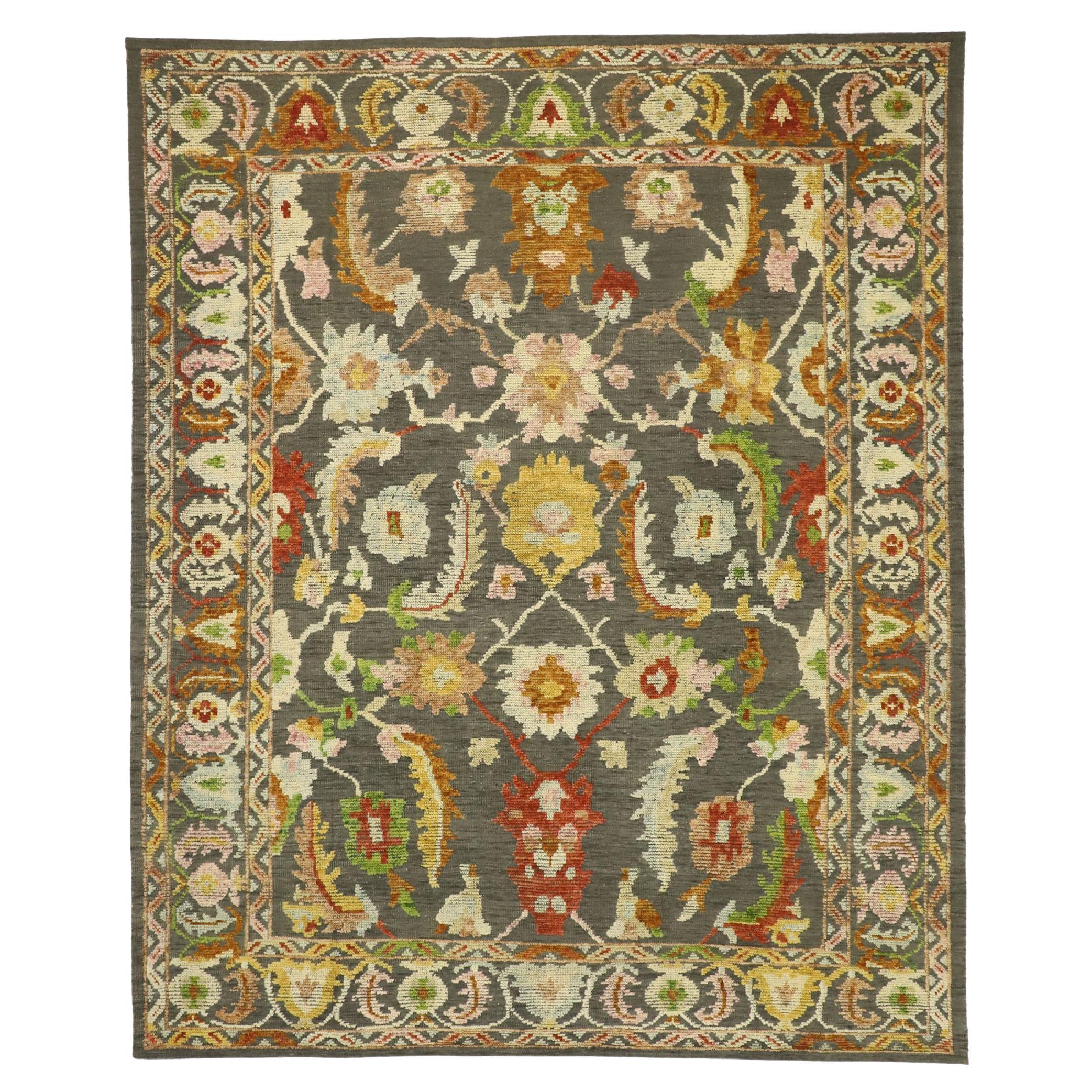 Contemporary Gray Oushak Rug with Raised Design For Sale