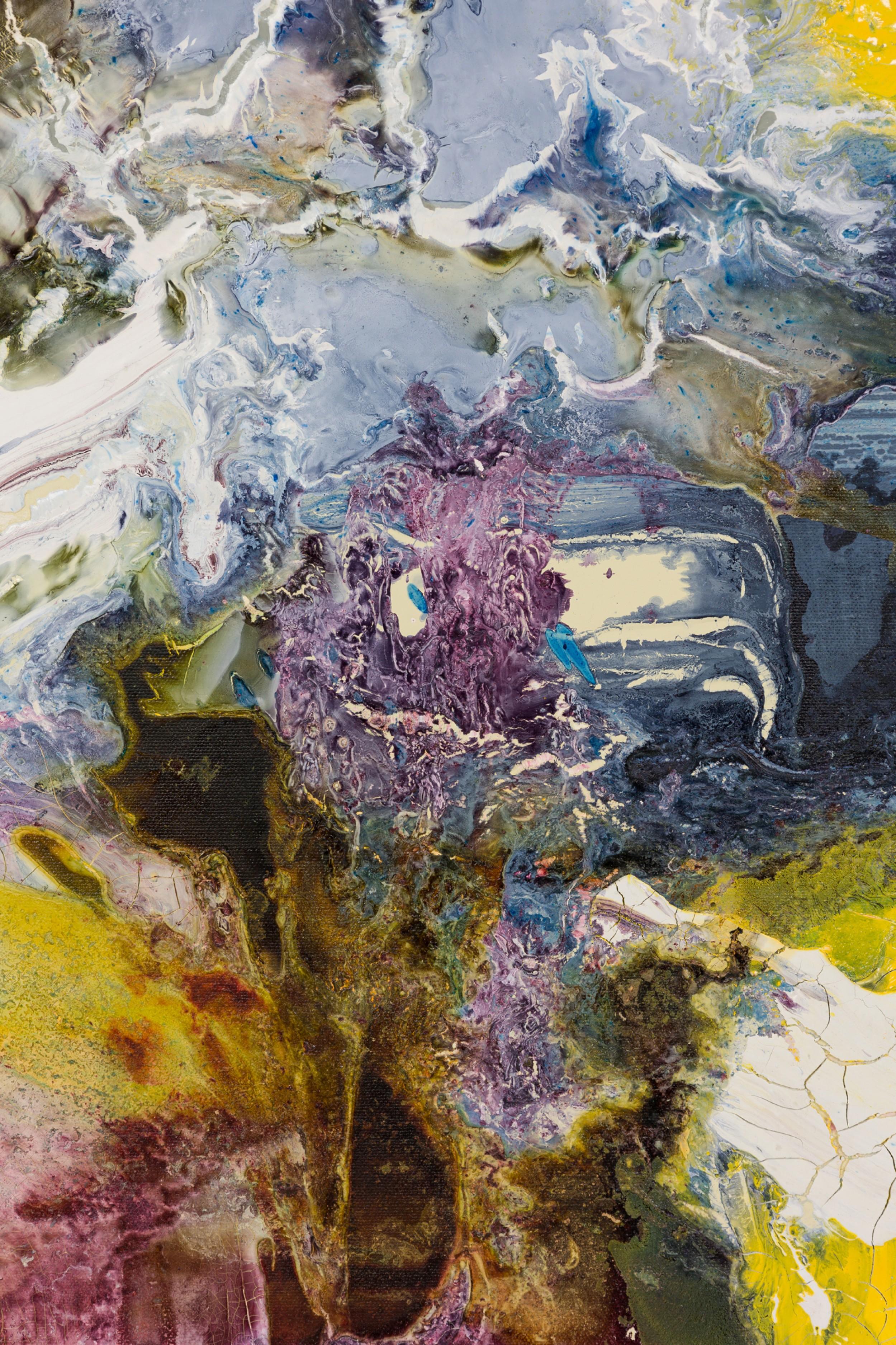 Moderno Pittura astratta contemporanea su tela con colori grigio, viola e giallo in vendita