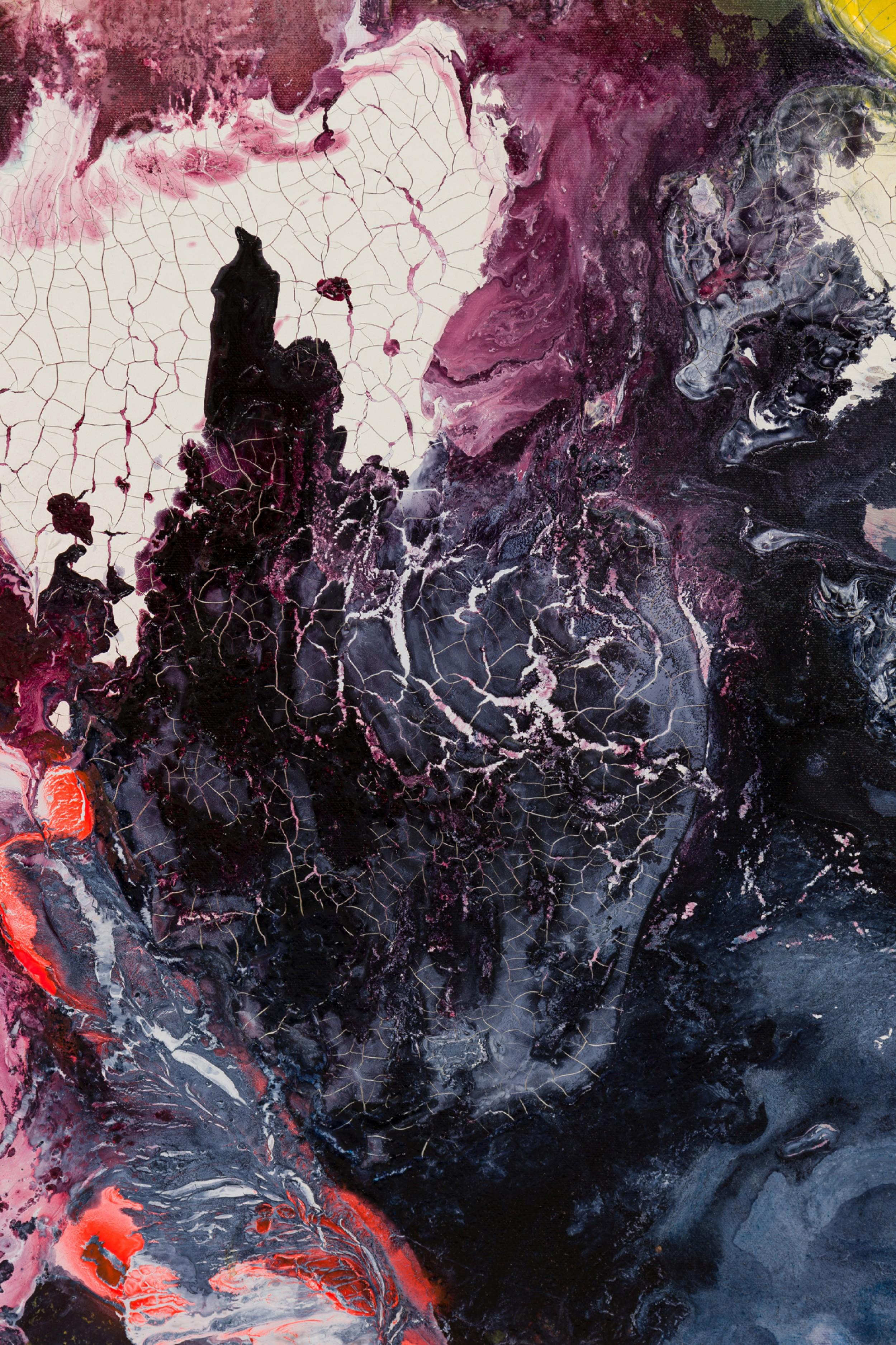 Sconosciuto Pittura astratta contemporanea su tela con colori grigio, viola e giallo in vendita