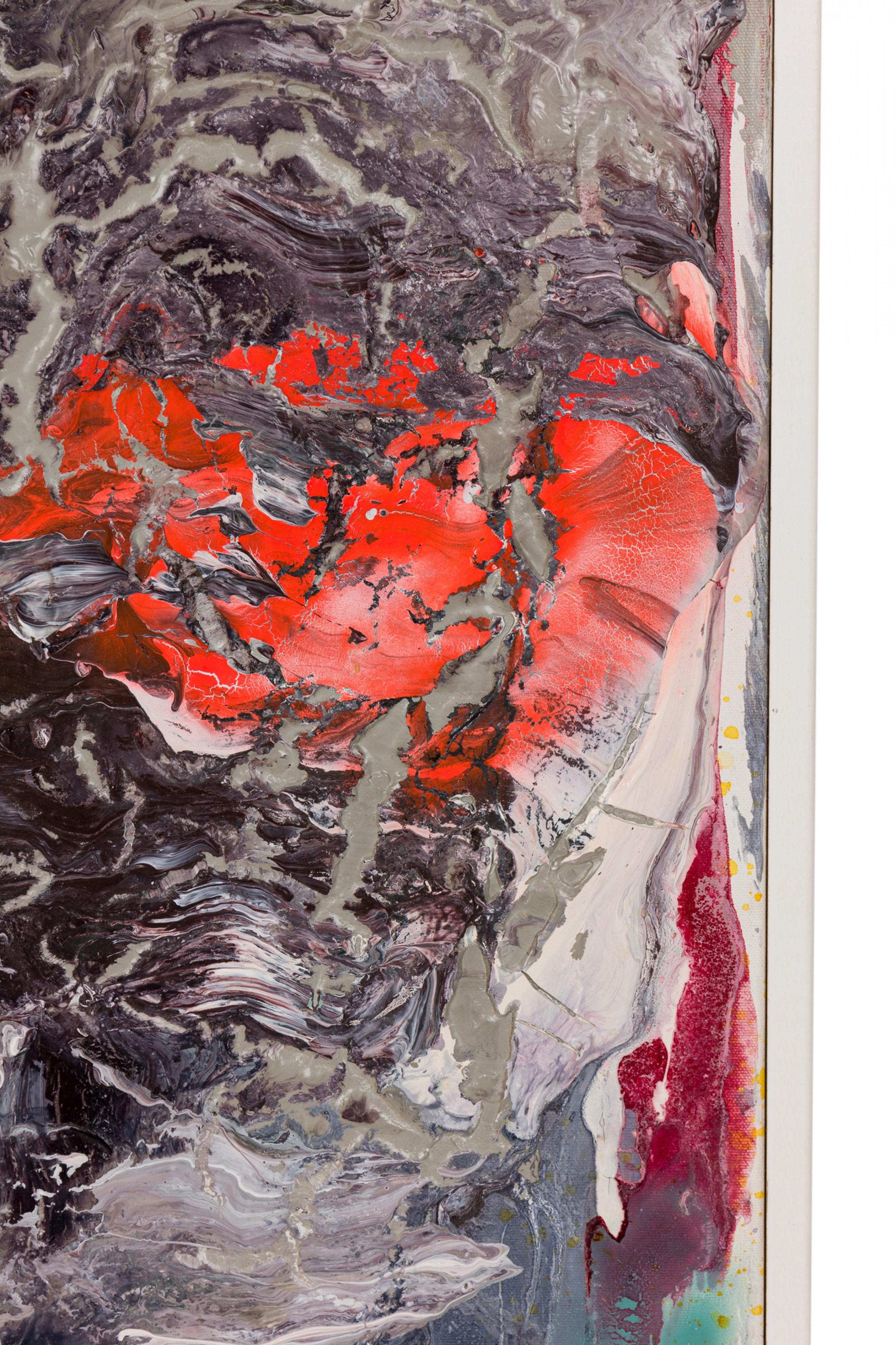 Moderno Pittura astratta contemporanea su tela con colori grigio, rosso e giallo in vendita