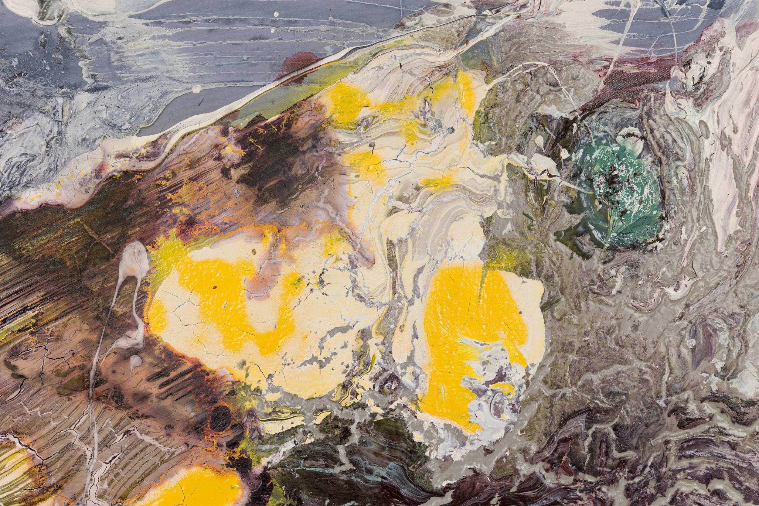 Sconosciuto Pittura astratta contemporanea su tela con colori grigio, rosso e giallo in vendita