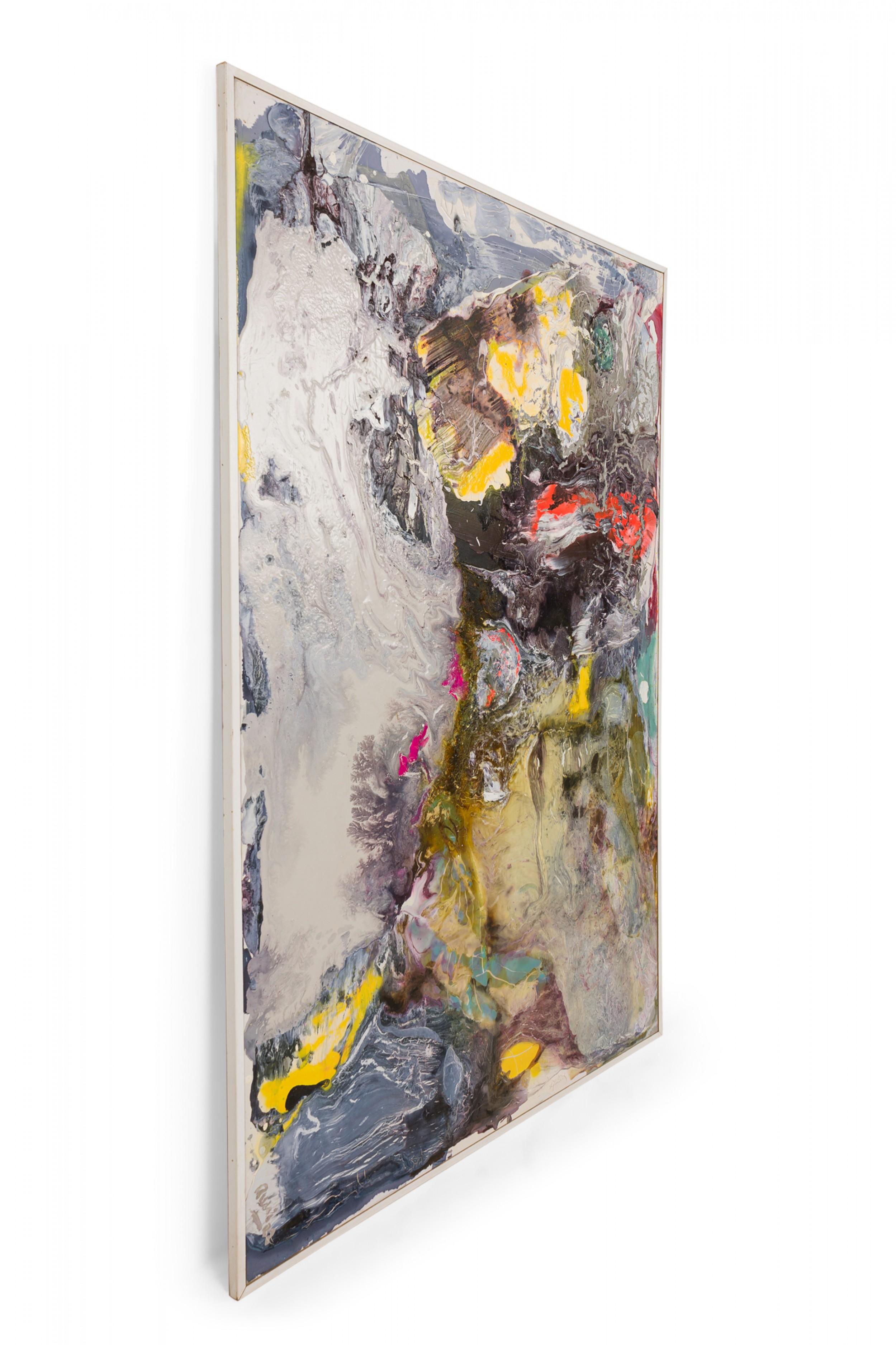 Realizzato con acquaforte Pittura astratta contemporanea su tela con colori grigio, rosso e giallo in vendita