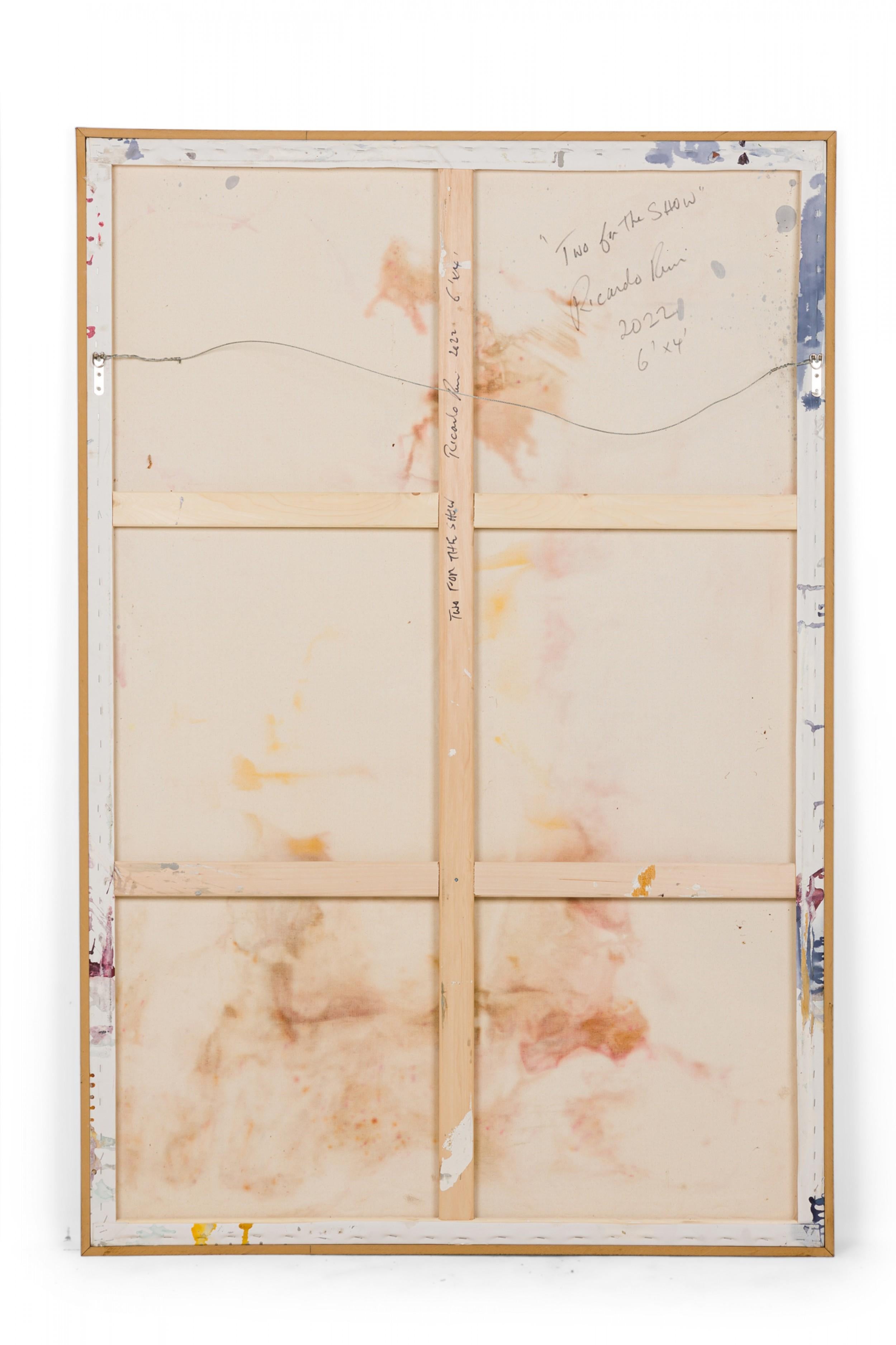 Legno Pittura astratta contemporanea su tela con colori grigio, rosso e giallo in vendita