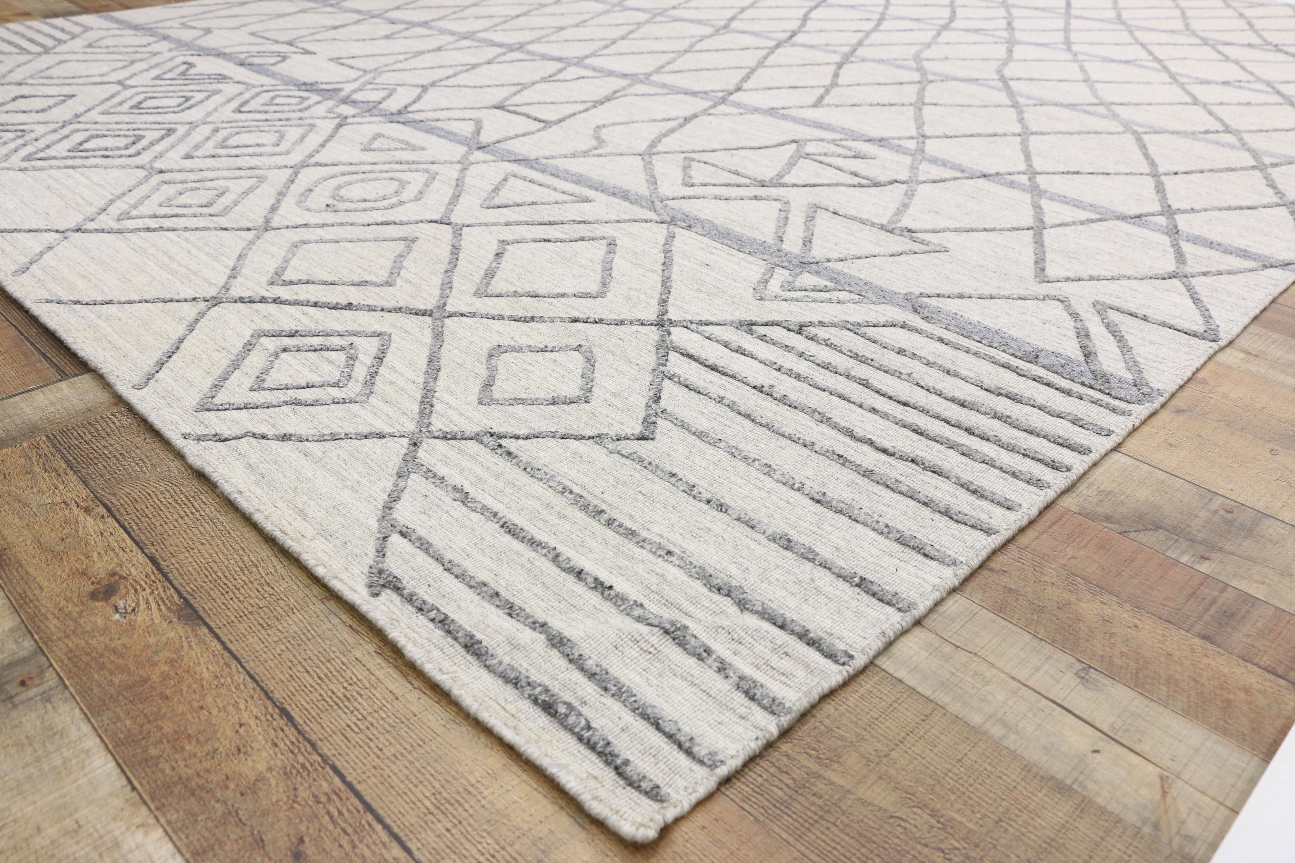 Tribal New Gray Modern Textured Rug with Moroccan Trellis Raised Design For Sale
