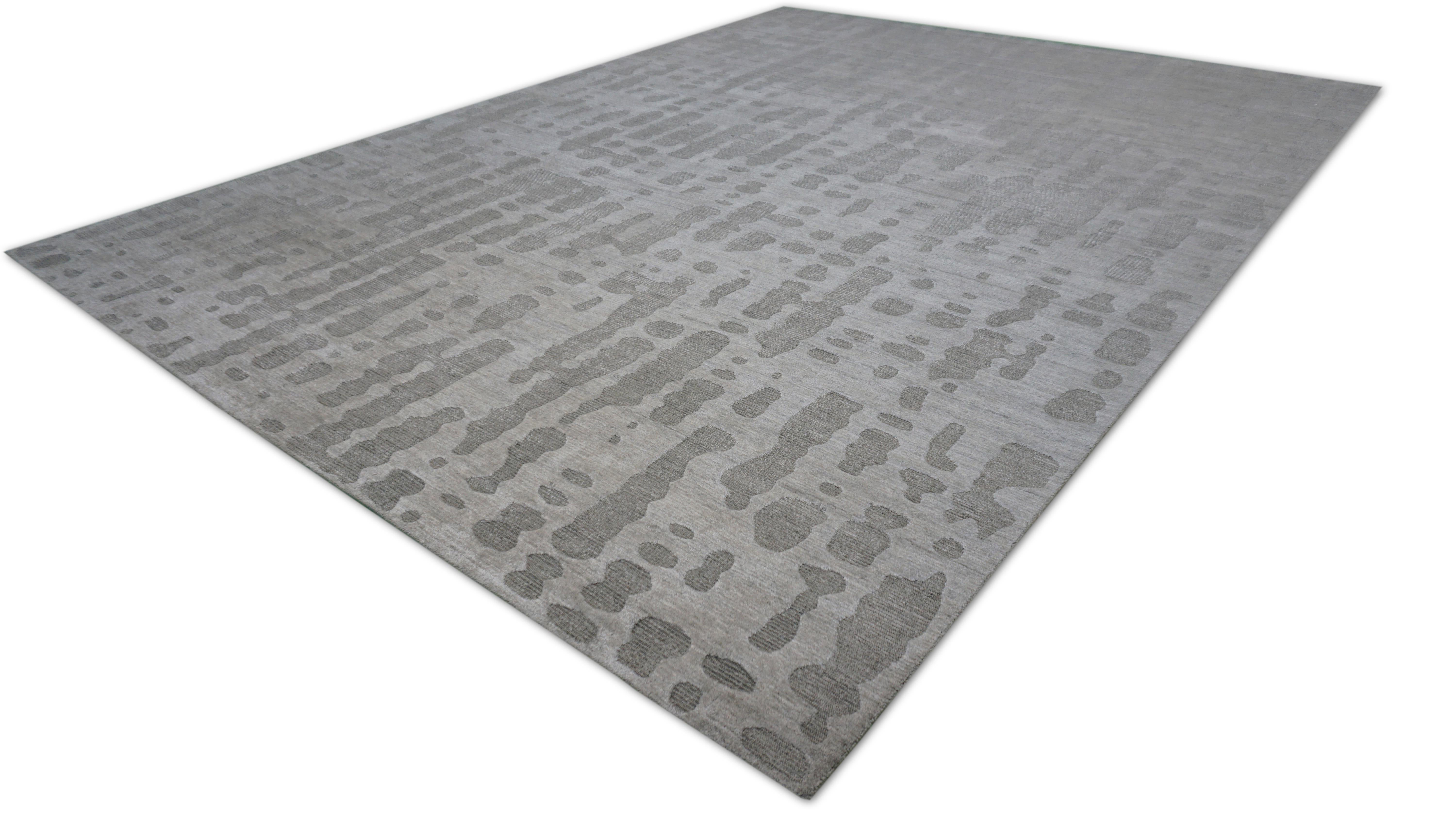 Hand-Crafted Contemporary Gray Textural Dot Patterned Bamboo Rug 8'1''x11'10'' For Sale
