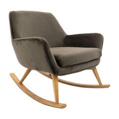 Contemporary Gray Velvet Upholstered Rocking Chair With Wooden Runners