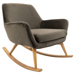 Contemporary Gray Velvet Upholstered Rocking Chair With Wooden Runners