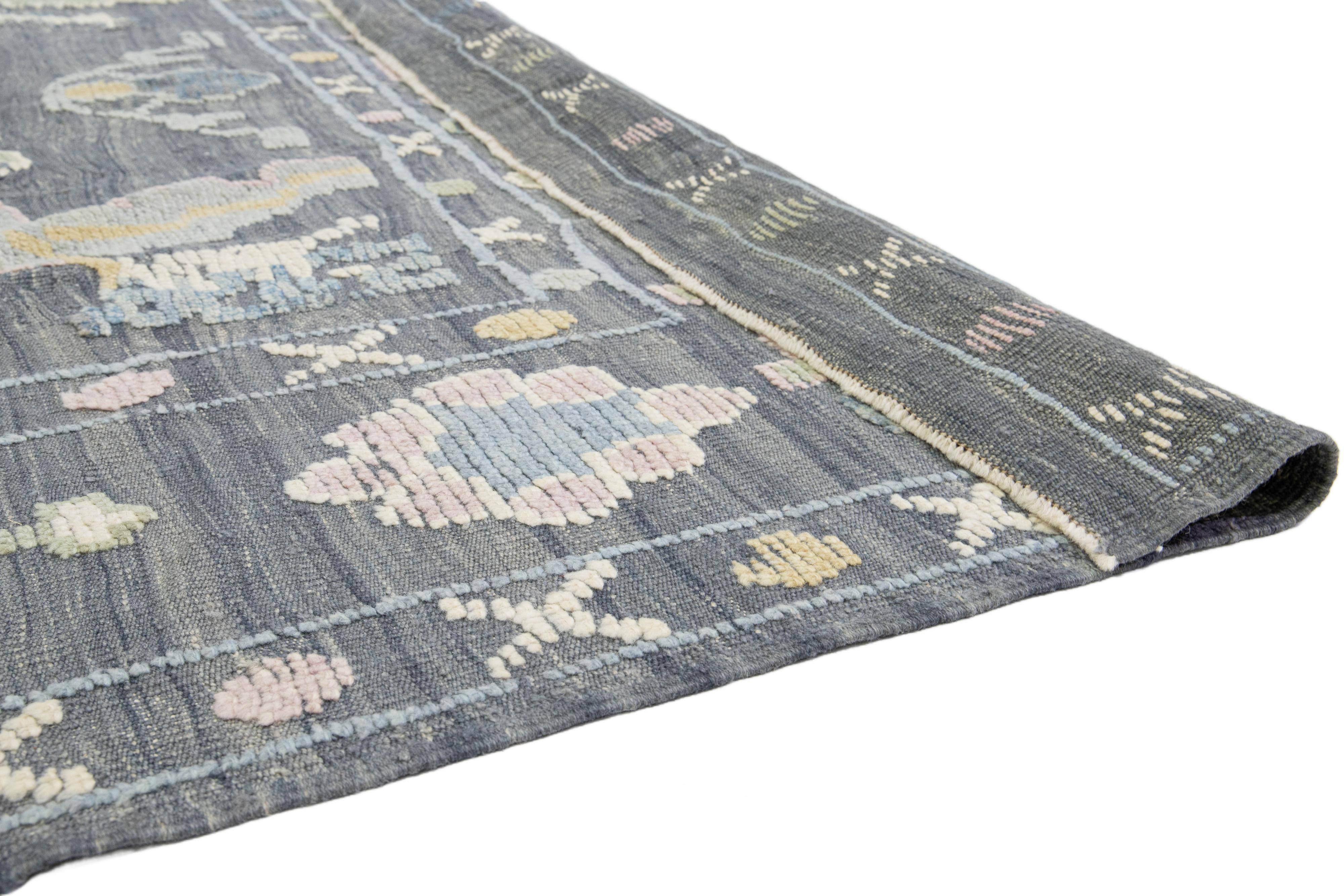 Hand-Knotted Contemporary Gray Wool Rug Turkish Oushak With Floral Design For Sale