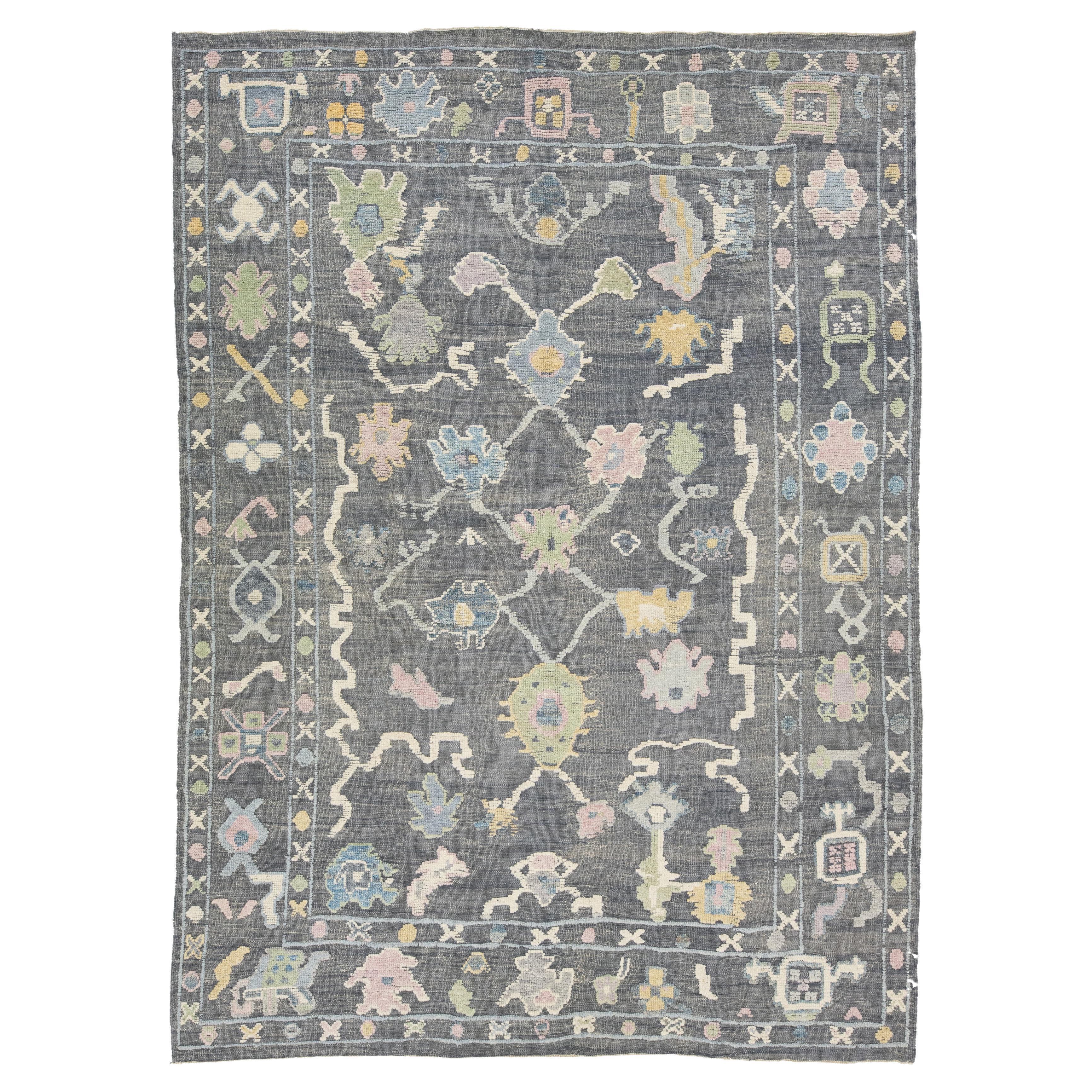 Contemporary Gray Wool Rug Turkish Oushak With Floral Design For Sale