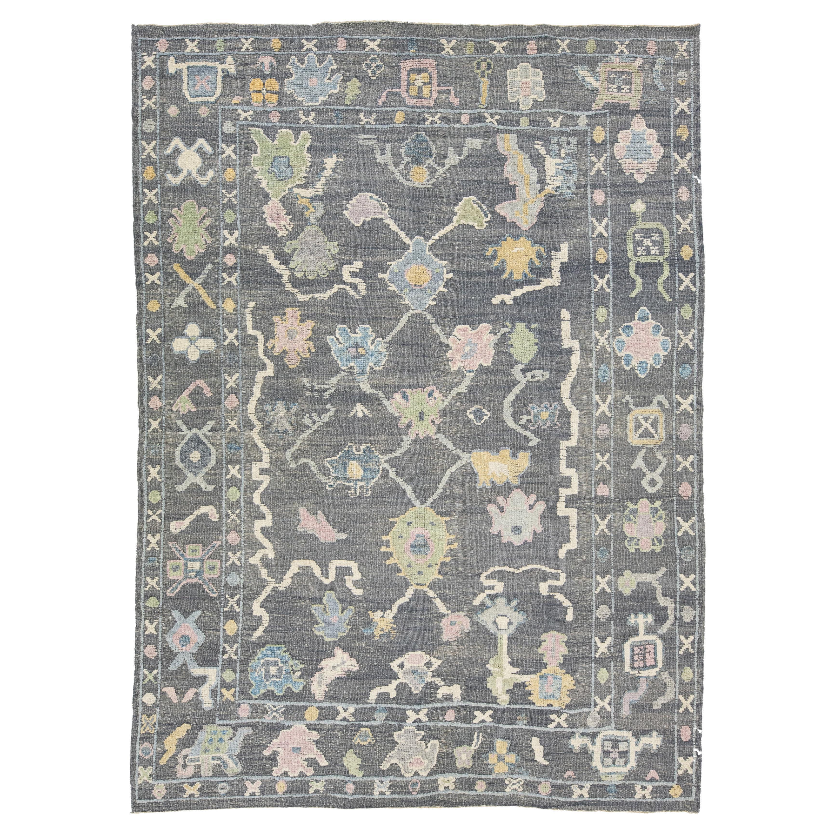 Contemporary Gray Wool Rug Turkish Oushak With Floral Design