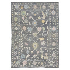 Contemporary Gray Wool Rug Turkish Oushak With Floral Design