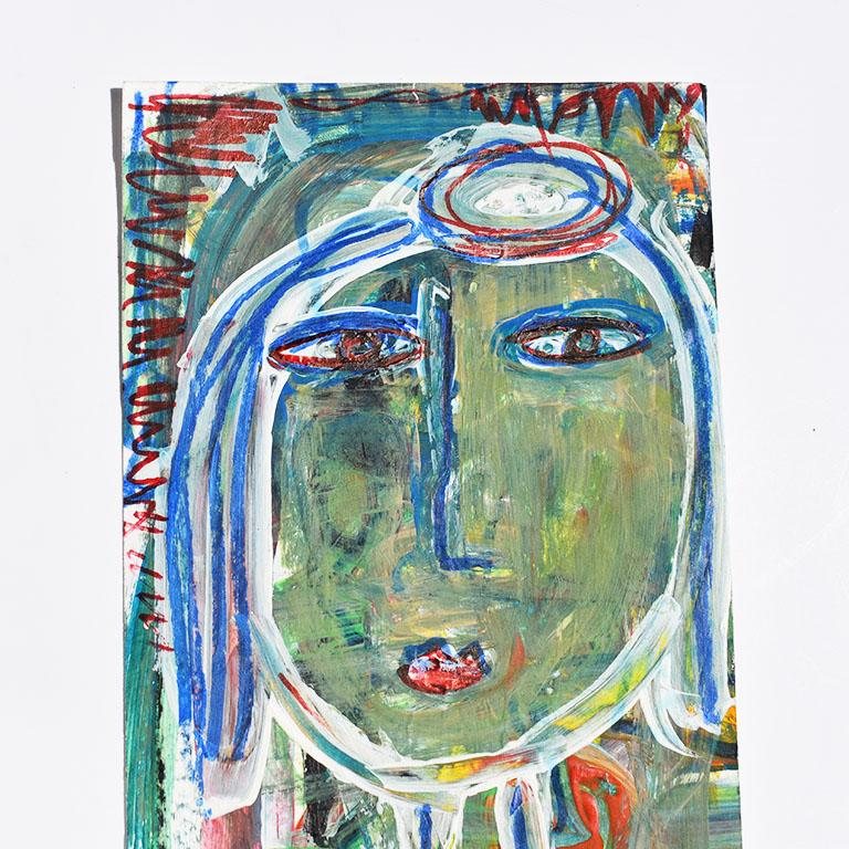 Folk Art Contemporary Green Abstract Outsider Figural Painting of a Woman