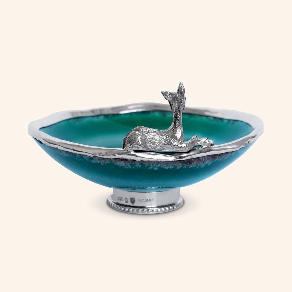 Hammered Contemporary Green Agate Bowl with Deer by Alcino Silversmith in Sterling Silver For Sale