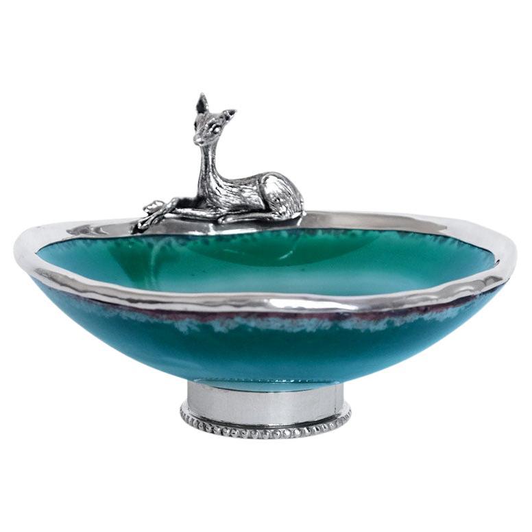 Contemporary Green Agate Bowl with Deer by Alcino Silversmith in Sterling Silver For Sale