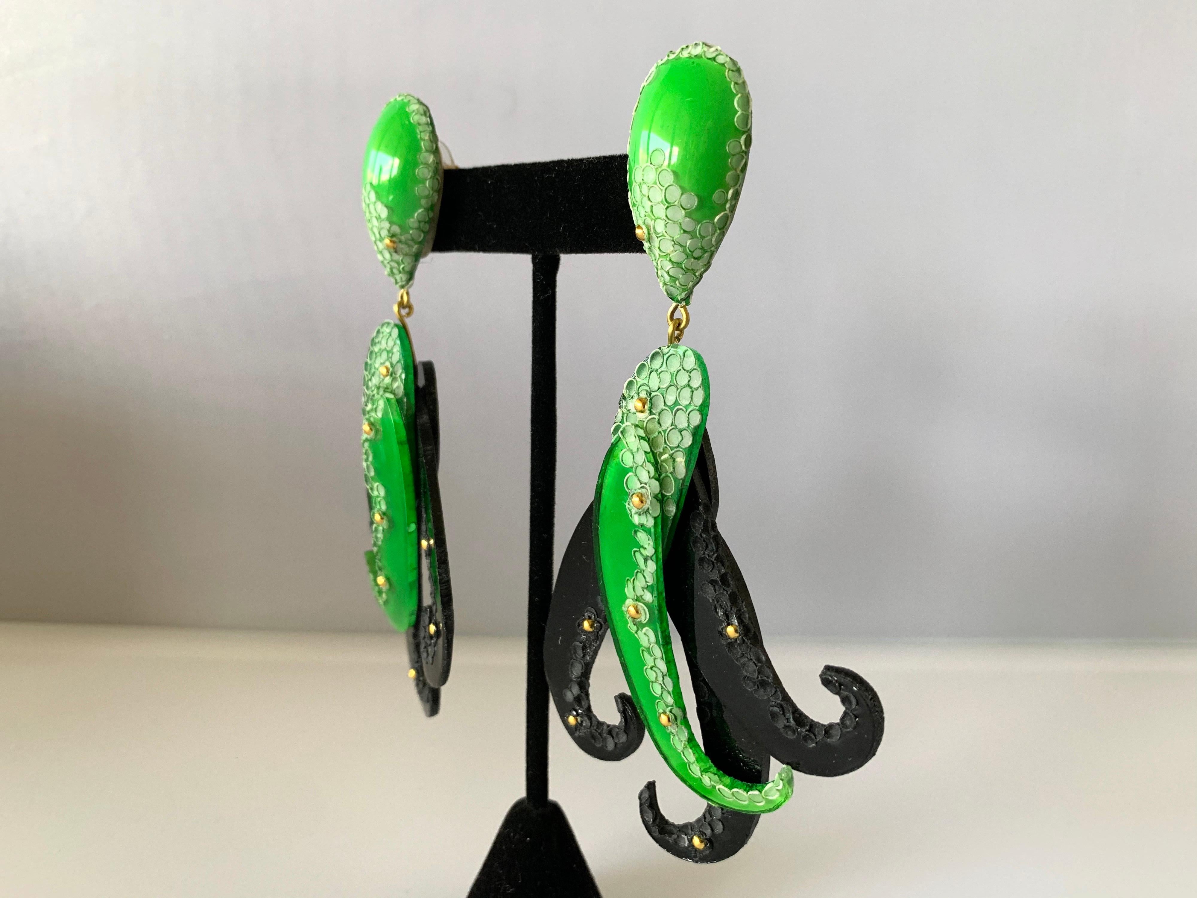 Women's Contemporary Green and Black Sea Creature Statement Earrings 