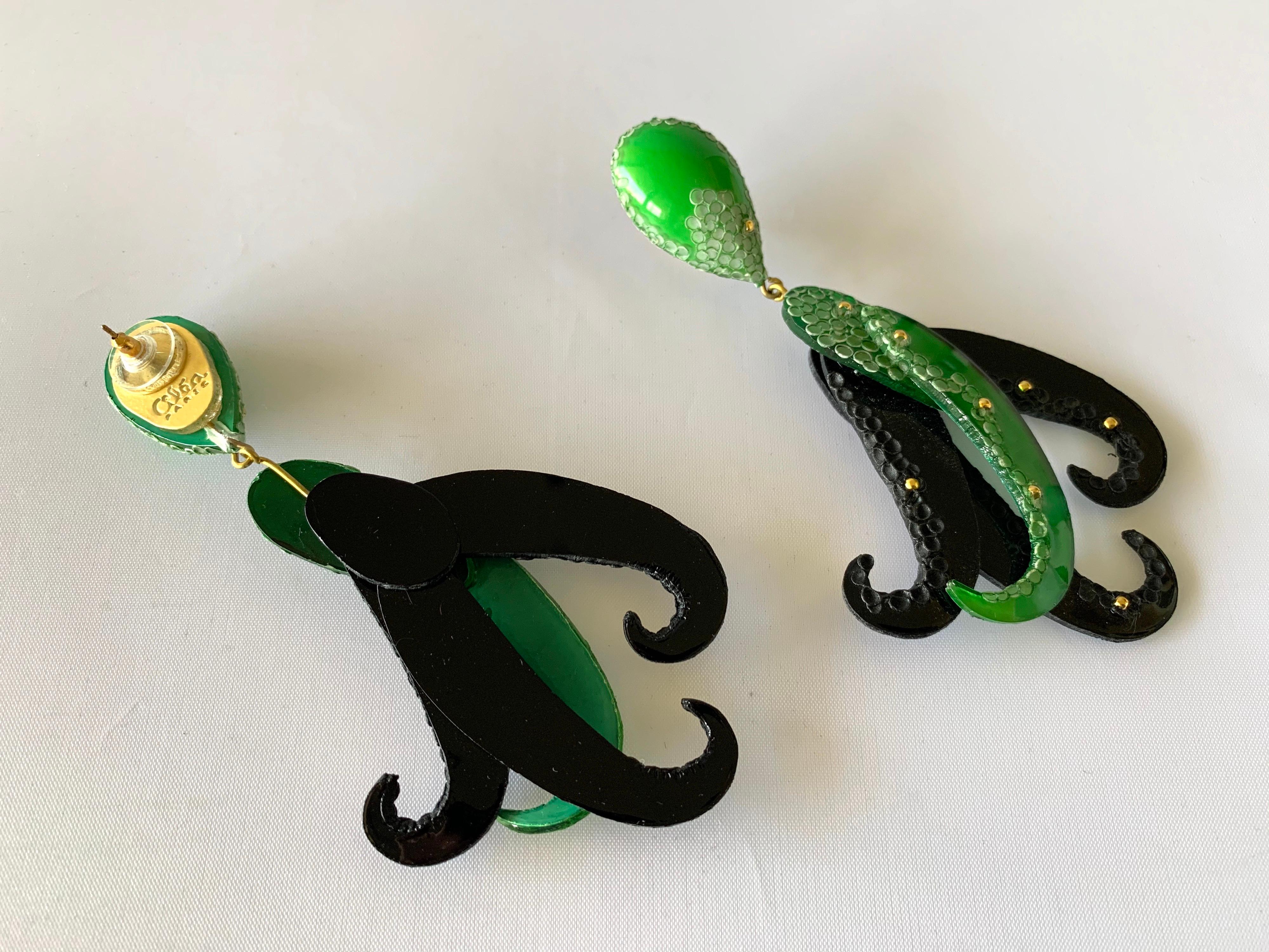 Contemporary Green and Black Sea Creature Statement Earrings  2