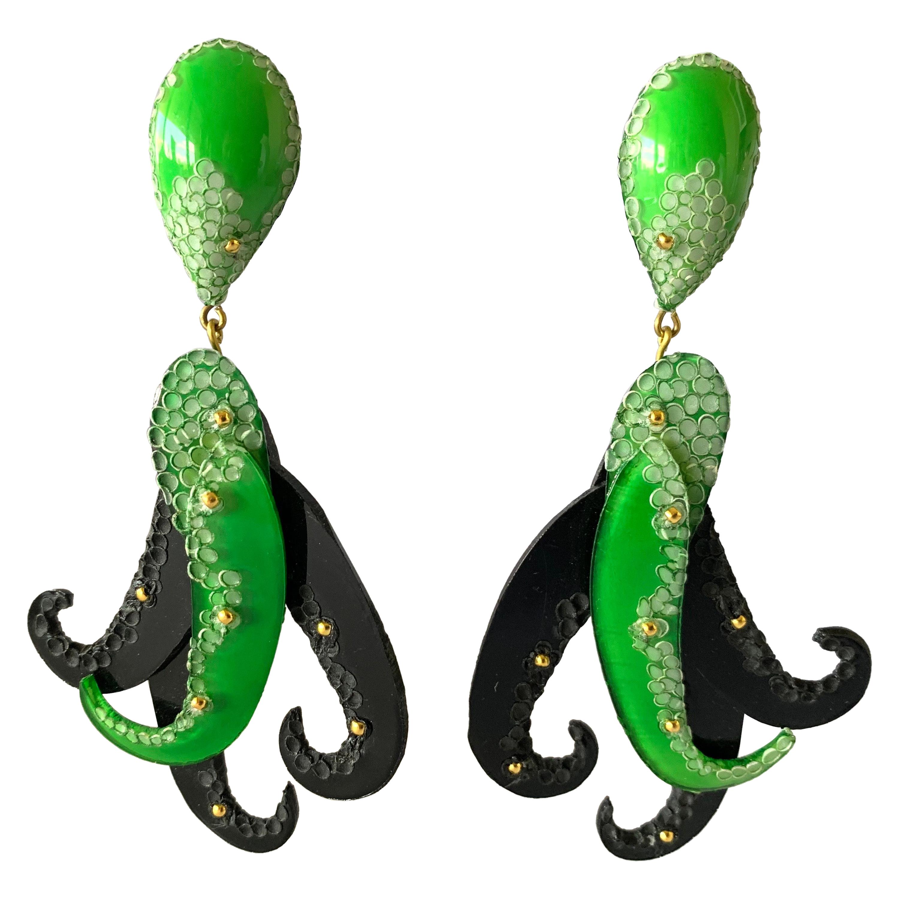 Contemporary Green and Black Sea Creature Statement Earrings 