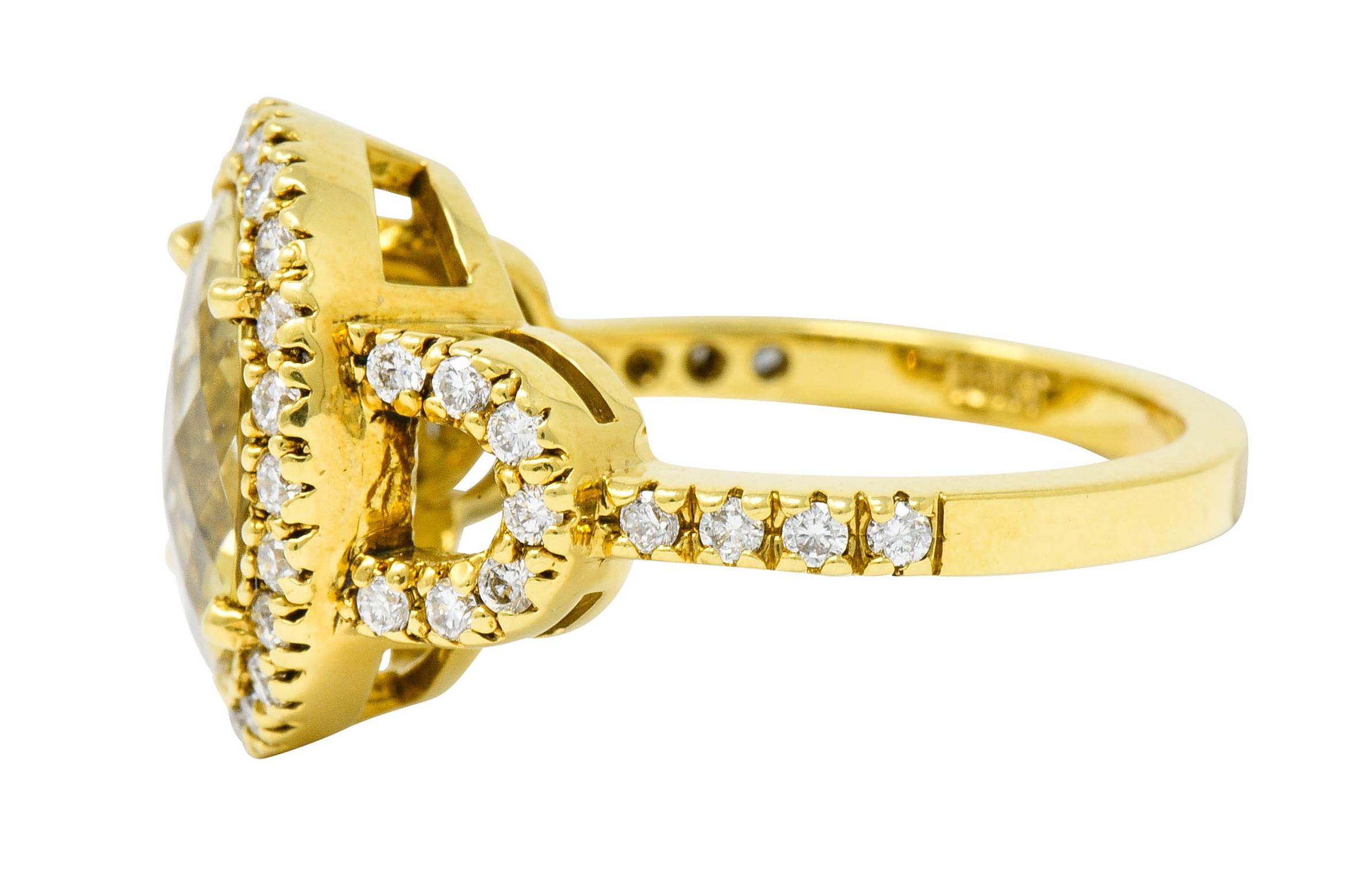 Women's or Men's Contemporary Green Beryl Diamond Halo 18 Karat Gold Statement Ring