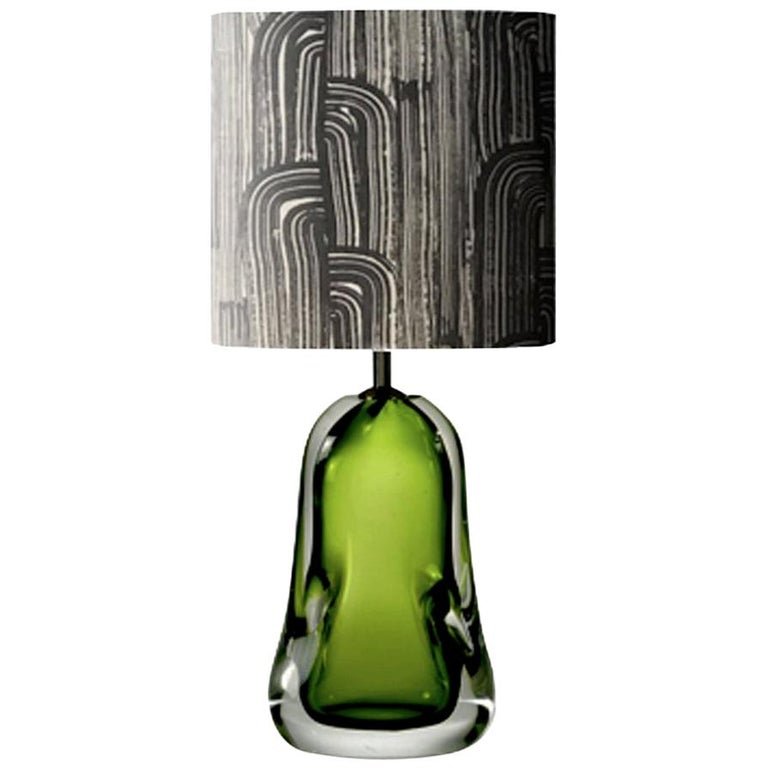 Contemporary Green Blown Glass Table Lamp with Paper Black White Lampshade For Sale