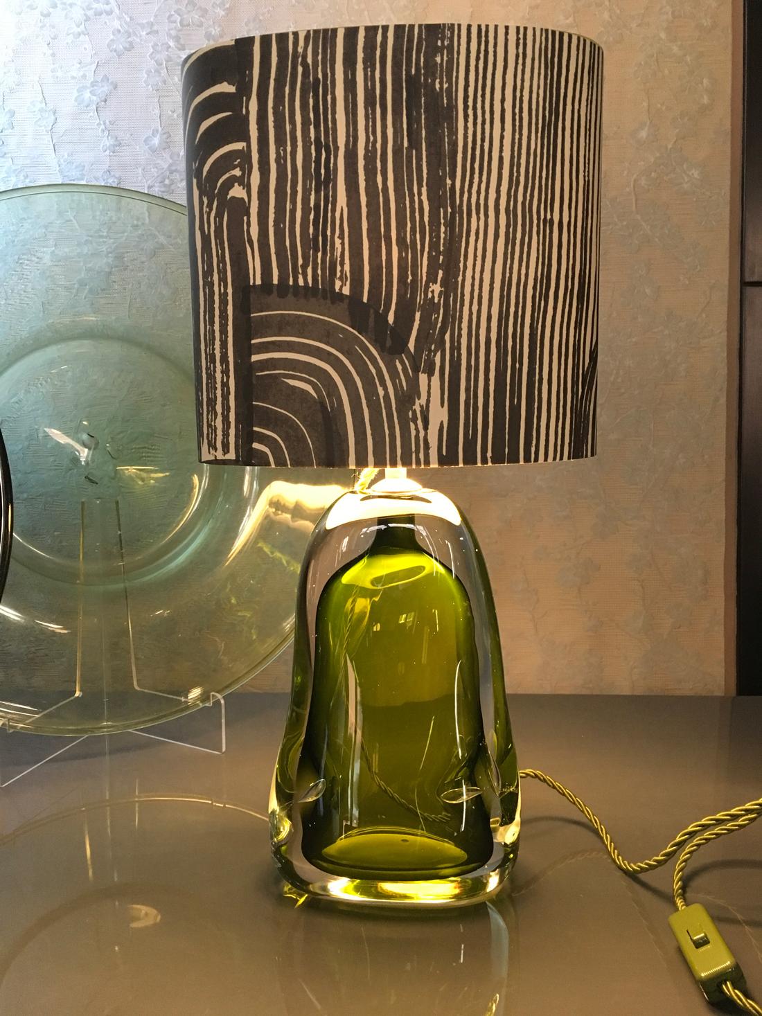 Contemporary Green Blown Glass Table Lamp with Silk Lampshade 4