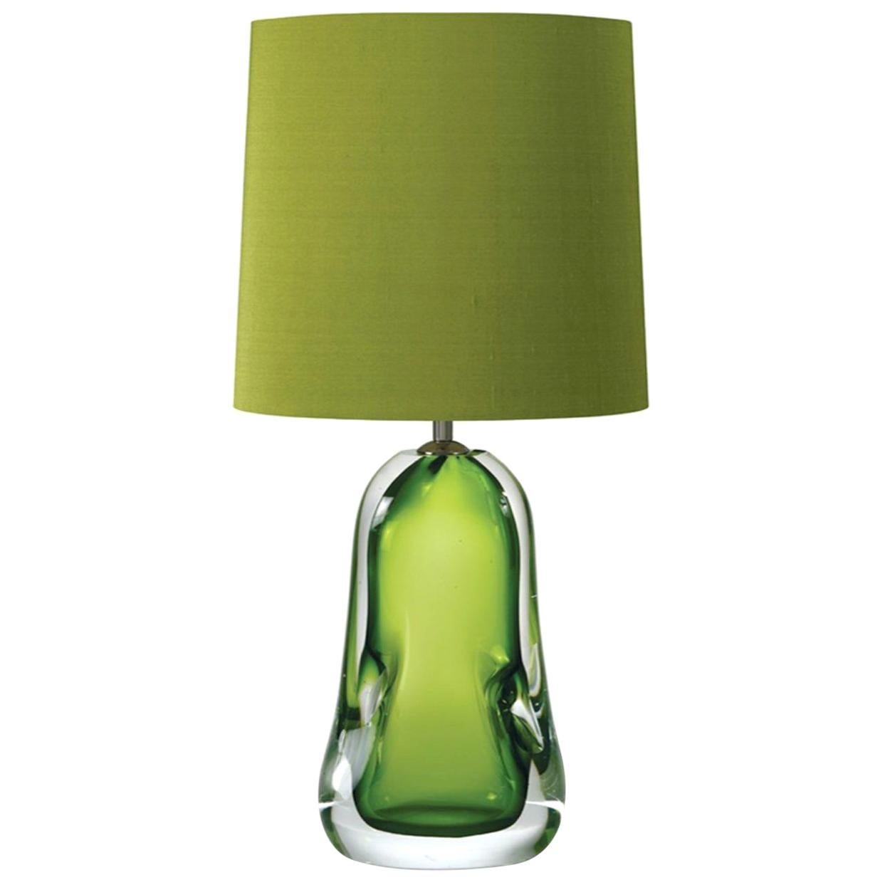 Contemporary Green Blown Glass Table Lamp with Silk Lampshade