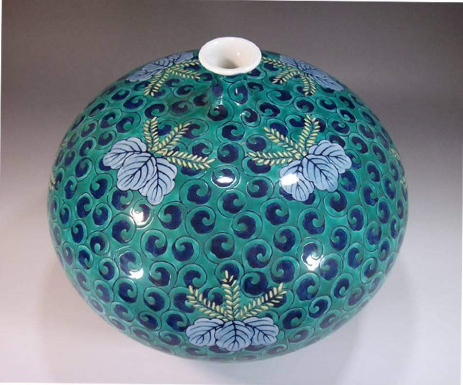Hand-Painted Japanese Contemporary Green and Blue Porcelain Vase by Master Artist For Sale