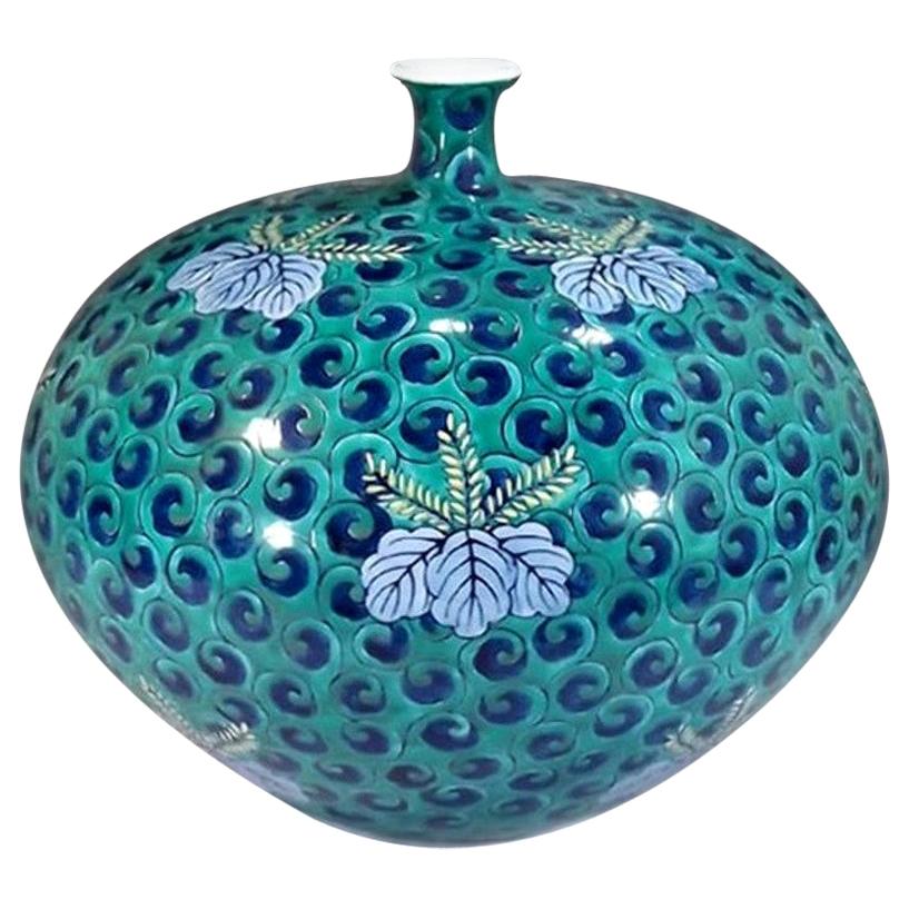 Japanese Contemporary Green and Blue Porcelain Vase by Master Artist