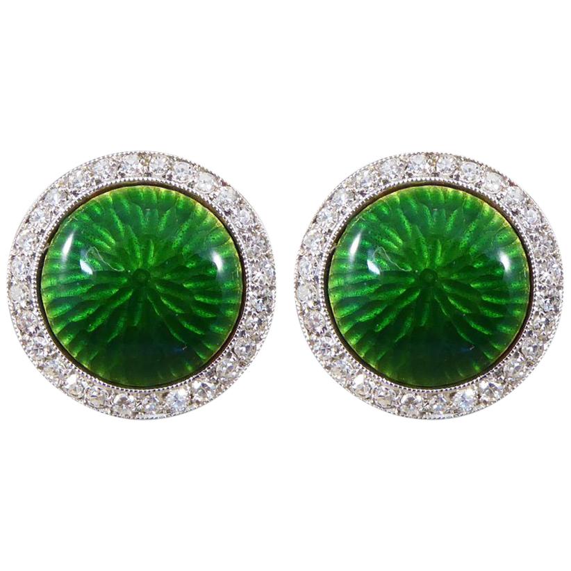 Contemporary Green Enamel and Diamond Cluster Cufflinks in 18 Carat White Gold