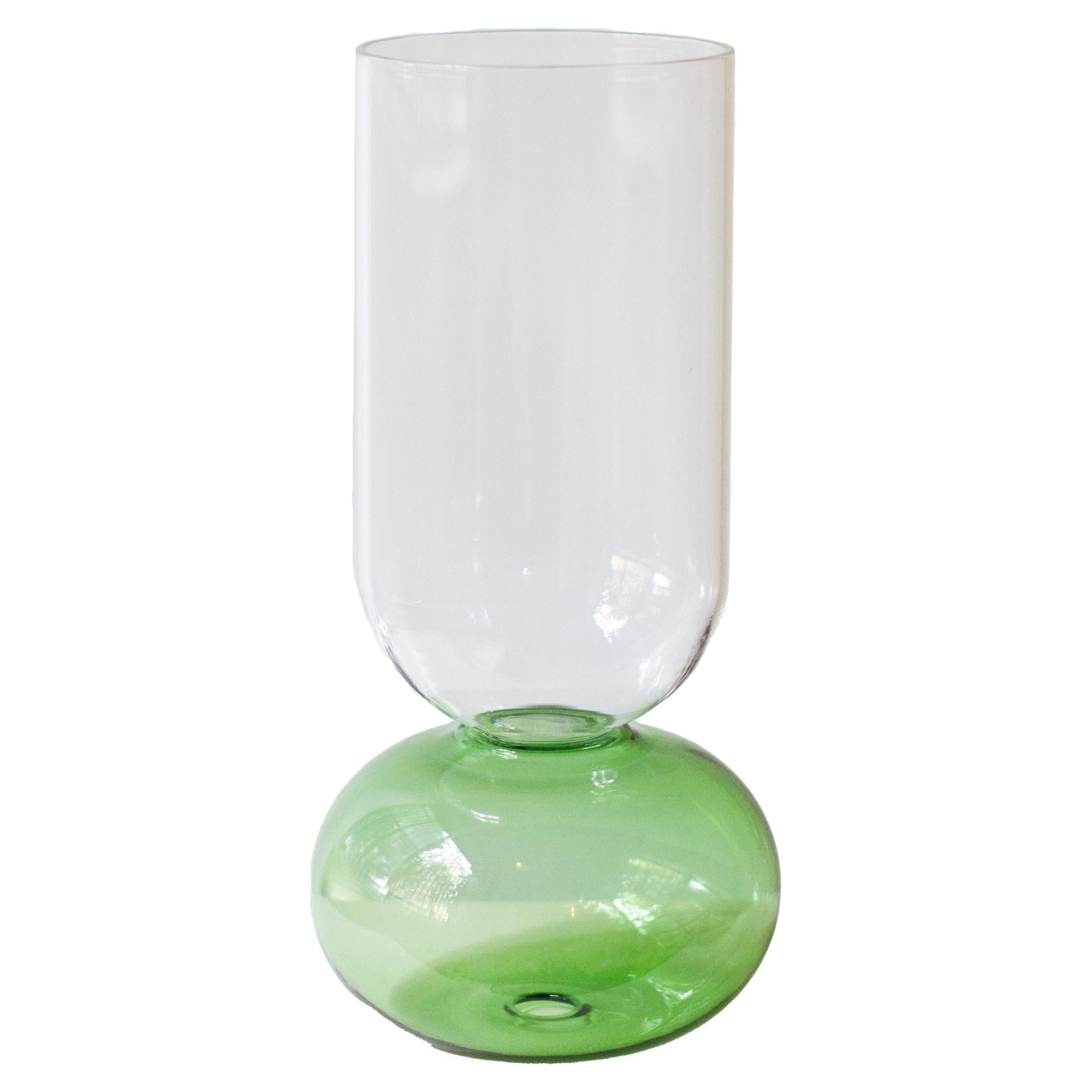 Contemporary Blue Flower Glass Blown Cylinder Vase Handcrafted by