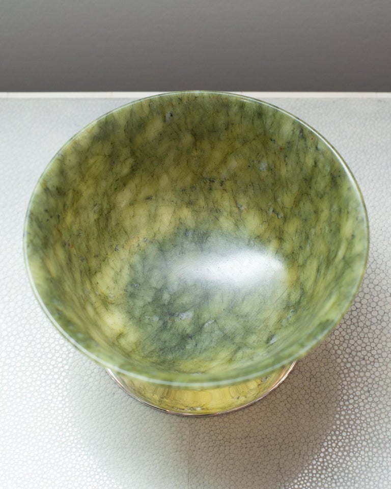 Contemporary Green Jade Bowl on Handmade Sterling Silver Base For Sale