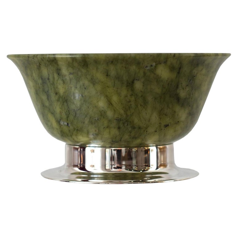 Contemporary Green Jade Bowl on Handmade Sterling Silver Base For Sale