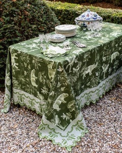 Tovaglia moderna in lino verde con bordo floreale ricamato - 183 cm x 396 cm