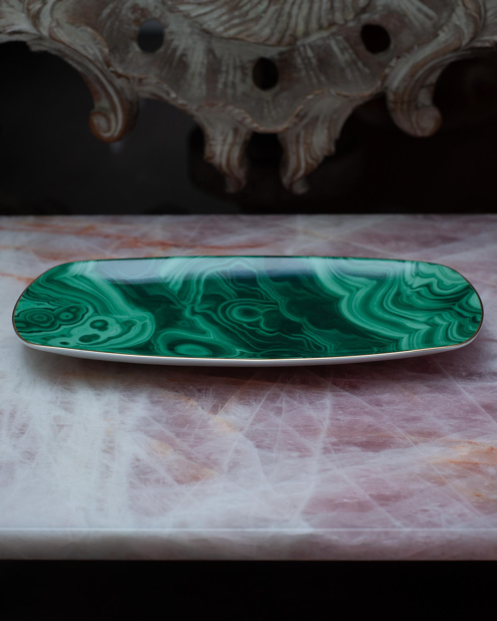 Portuguese Contemporary Green Malachite Pattern Porcelain Serving Tray