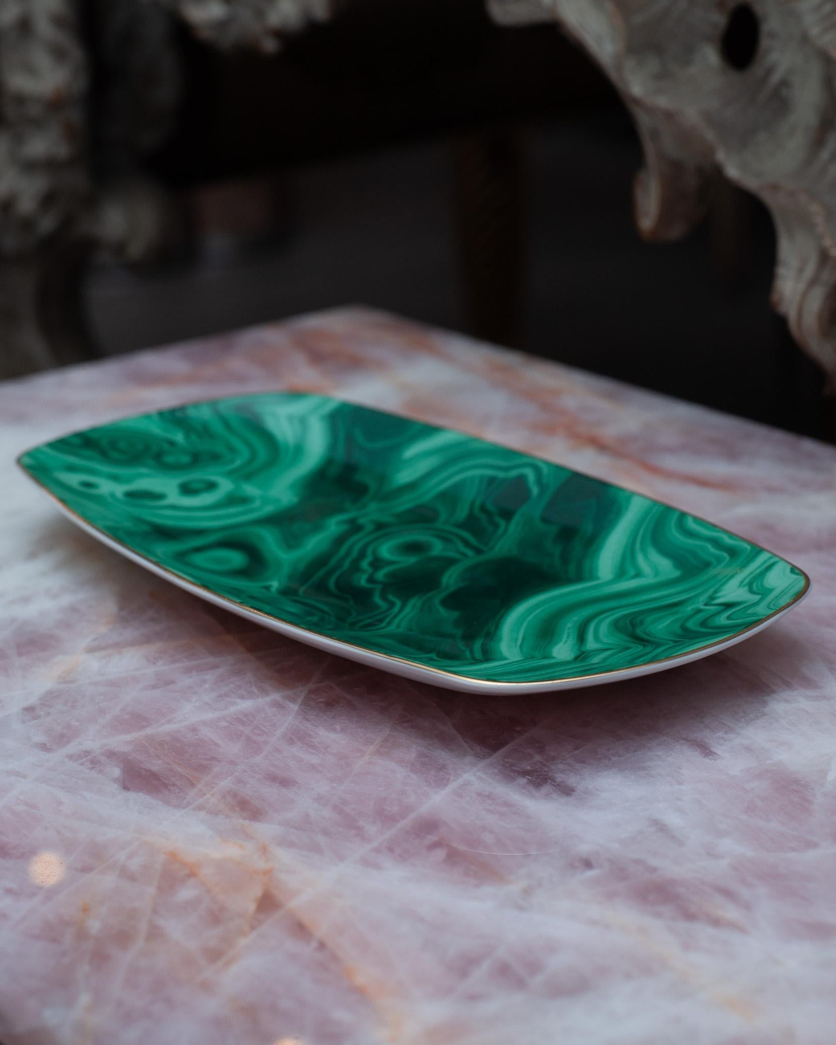 Gilt Contemporary Green Malachite Pattern Porcelain Serving Tray